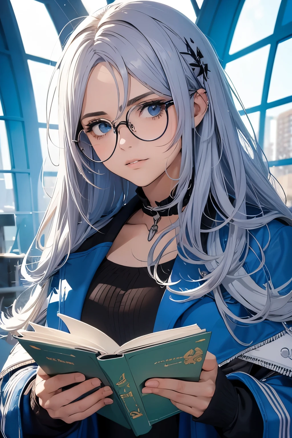 Anime girl with glasses reading a book in a blue room - SeaArt AI