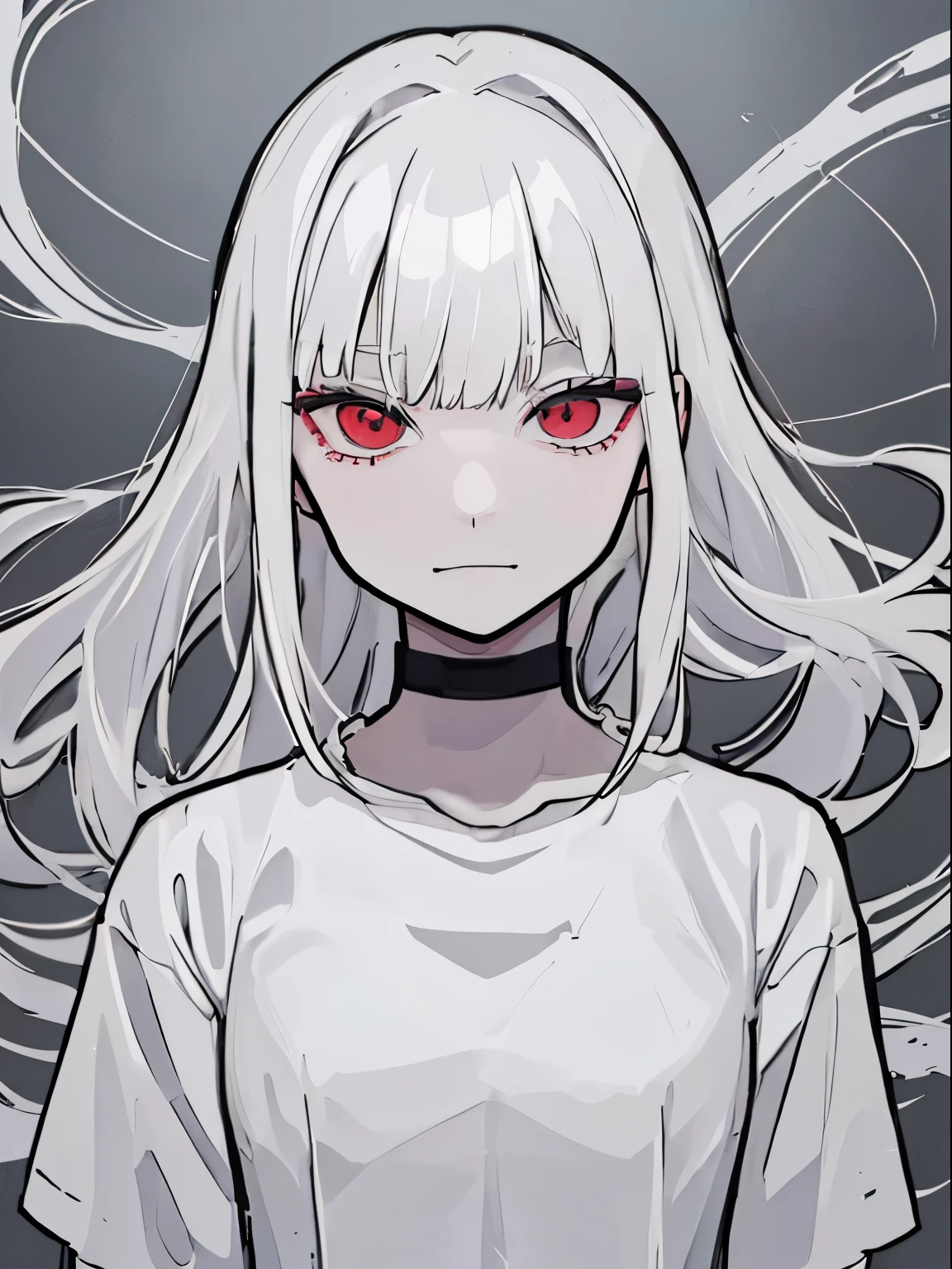 style of painting,(empty background),((Flat chest)),(Front Portrait), (Black and whature Women,((Microthorax)),(High cold),Hey, hey, smile,monochrome, blank stare, dead fish eyes, cool beauty,half lidded eyes, indifferent expression, black and white portrait, bored, impassive, loner,(Alone),Wispy bangs,Textured straight,Above the waist,((White Hair)),(Red Pupil),((White Shirt)),Shirt,Wispy bangs