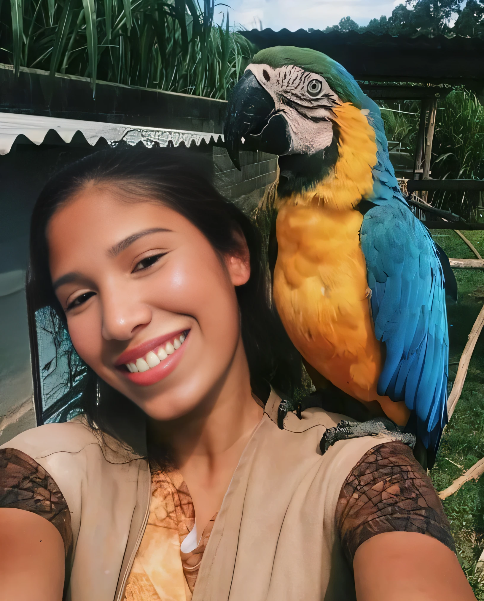 A parrot named Svyatoslav and next to them a black girl with brown eyes and straight hair wish you a Happy New Year.