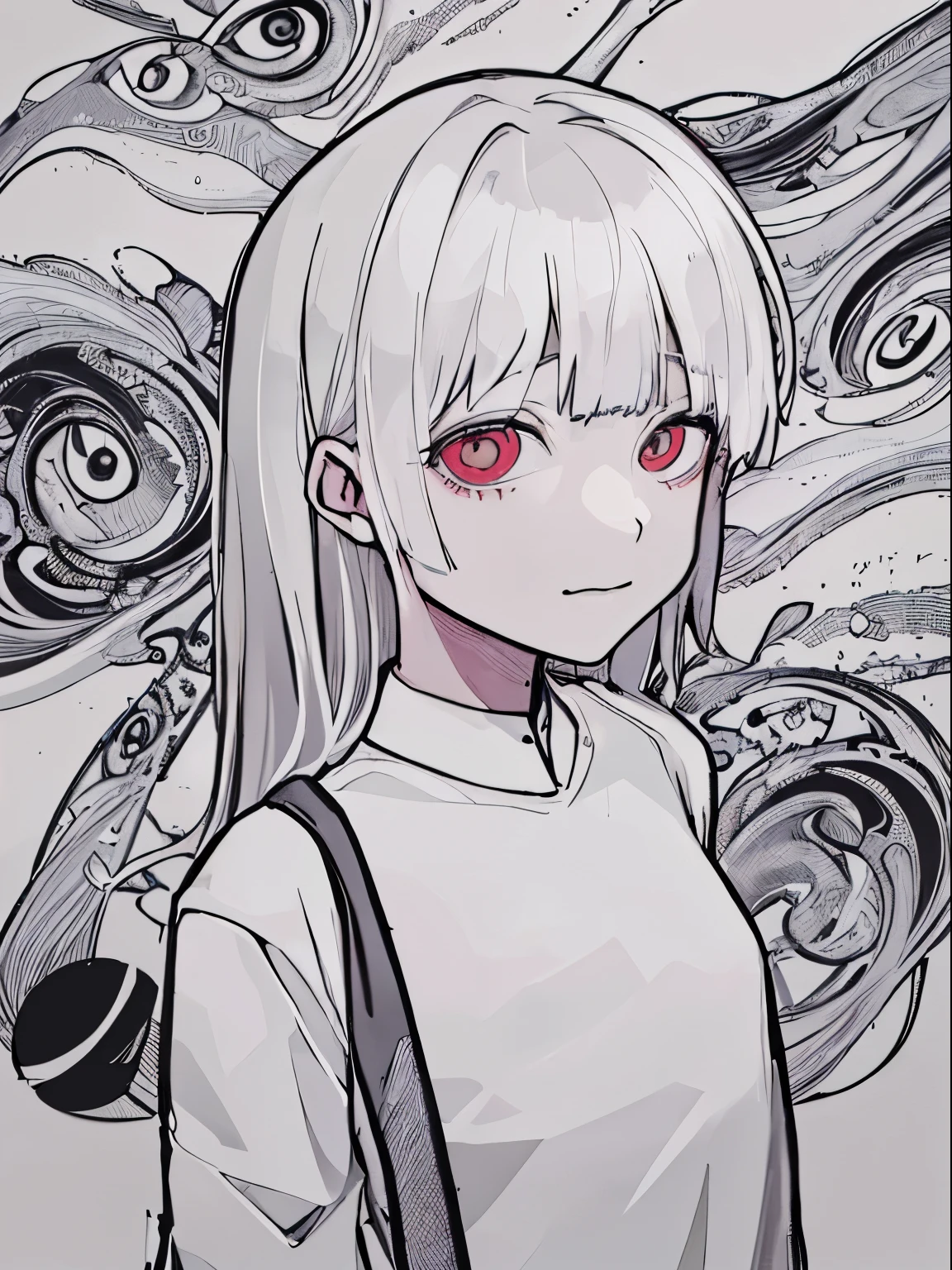 style of painting,(empty background),((Flat chest)),(Front Portrait), (Black and whature Women,((Microthorax)),(High cold),Hey, hey, smile,monochrome, blank stare, dead fish eyes, cool beauty,half lidded eyes, indifferent expression, black and white portrait, bored, impassive, loner,(Alone),Wispy bangs,Textured straight,Above the waist,((White Hair)),(Red Pupil),((White Shirt)),Shirt,Wispy bangs