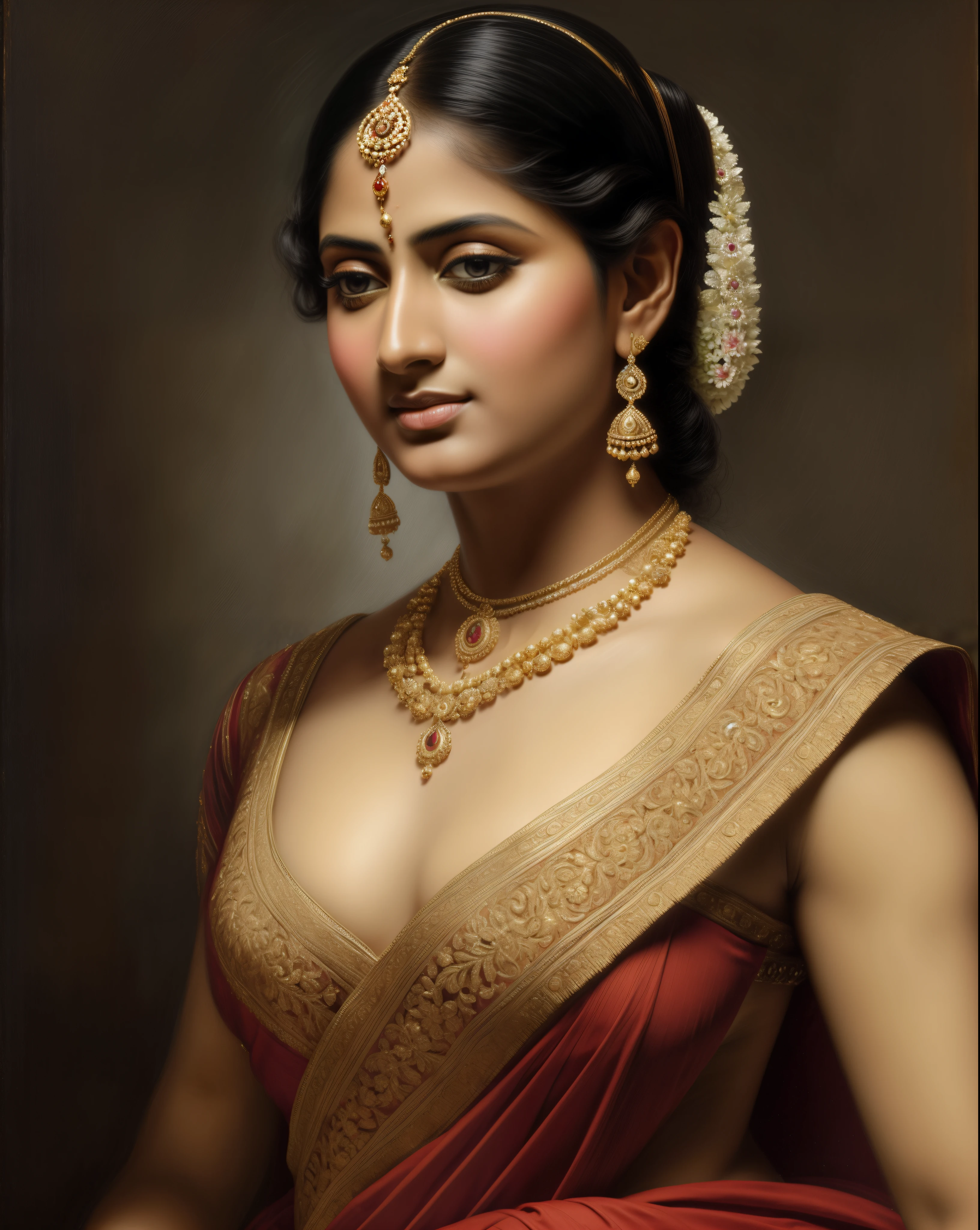 Beautiful Indian Woman, wearing saree, sari Beauty, gorgeous, Apsara, Maharani, royal queen woman, nymph from Hindu Mythology, Urvashi, matchless beauty, Highly detailed, Oil Painting by Peter Paul Rubens inspired by Raja Ravi Varma, Matchless beauty, captivating, gorgeous, heavenly beauty, celestial beauty, by Peter Paul Rubens, 1893, realistic, hyper realistic, micro details, incredible artwork, insane details, ultra High resolution, 8k, 32k,  acrylic on canvas, intricate, flawless, detailed, detailed face, detailed eyes, masterpiece, by Peter Paul Rubens, by Caravaggio, by William Adolphe bouguereau, perfect face, perfect body, beautiful art, realism, baroque, renaissance Art, highly textured, beautiful and detailed eyes, uhd, best quality,