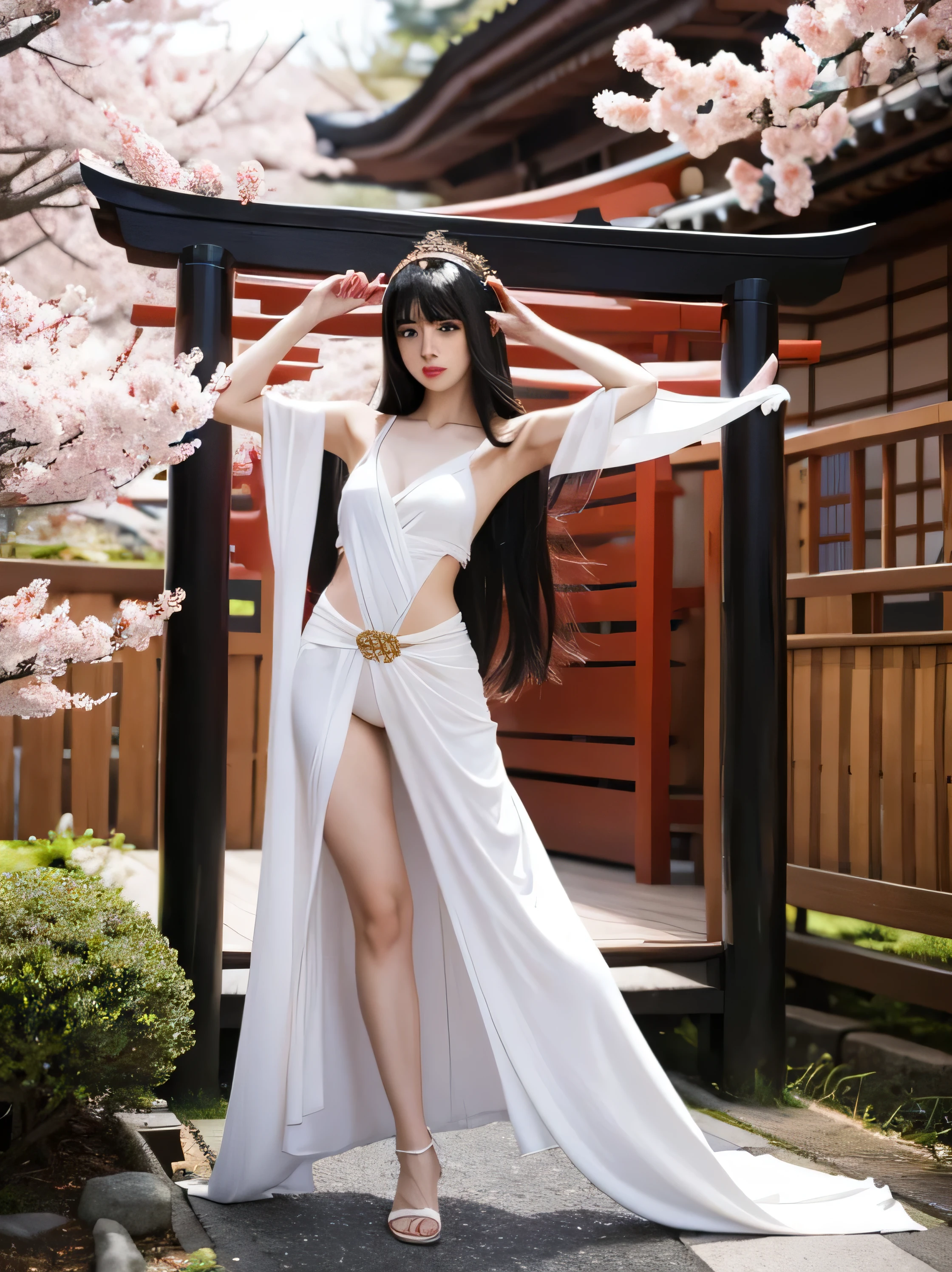 1 girl, black hair, long straight hair, smooth, armpit, collarbone, Miko Dresses, Japanese shrine, Sakura, full body