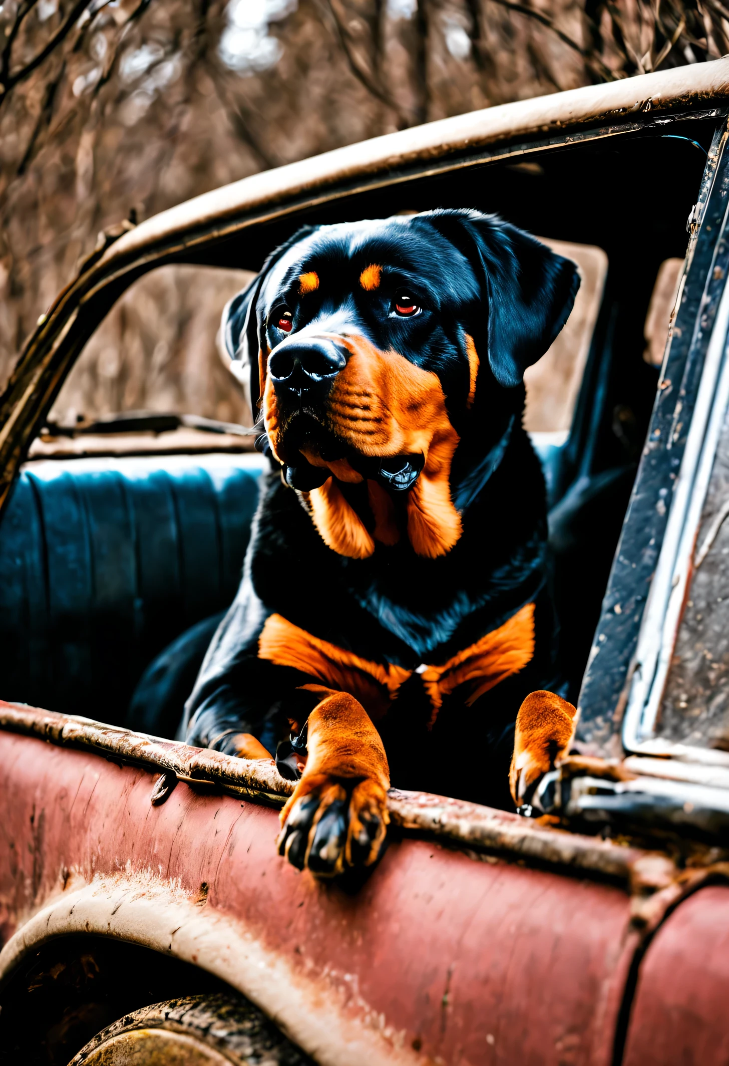 (Mejor calidad, HDR, ultra detallado, hiperrealista:1.37), ((perro rottweiler:1.5 bien detallado y perfecto pose dinamica, is sitting in the abandoned car))., post apocalyptic, ciudad abandonada 3D, edificios destruidos escombros por todos lados, Cementerio de coches , maquinarias, Coches abandonados, vegetation next to buildings, abandoned vehicles scattered and piled up, atardecer ,espectacular puesta de sol. luces y sombras, perro rottweiler:1.5, 32k