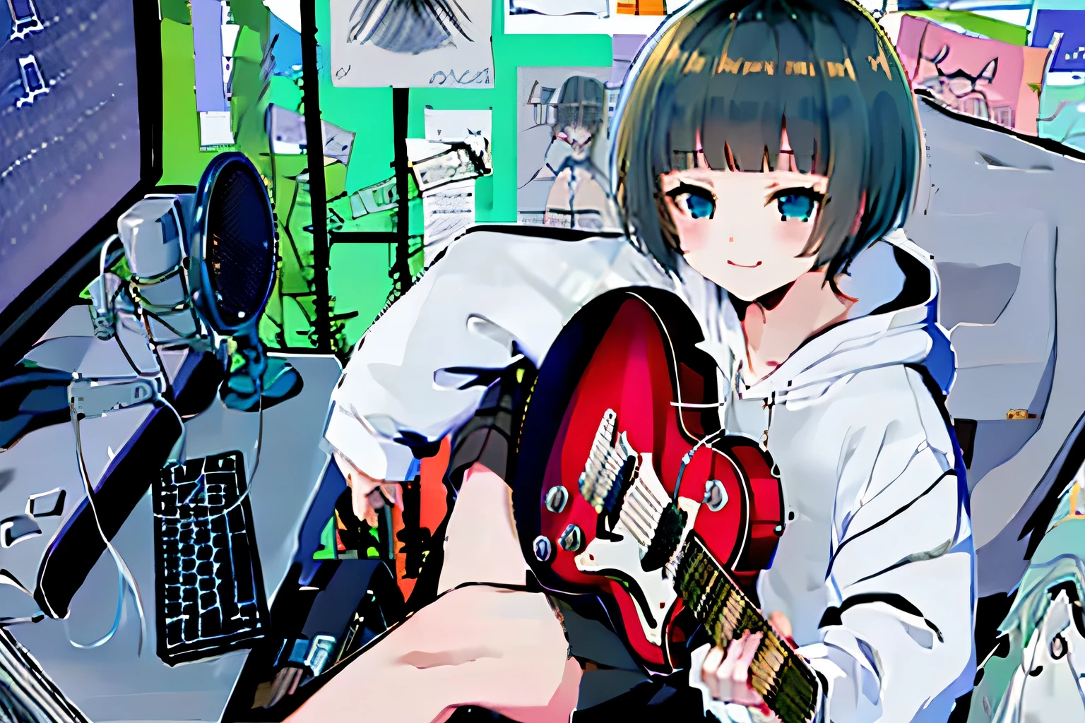 Overdose, 1 girl, alone, holding, sitting, Chair, musical instrument, microphone, guitar, cable, computer, monitor, holding musical instrument, electric guitar, poster (object), keyboard (computer), mouse (computer), amplifier, (masterpiece, highest quality:1), dark circles under the eyes, bangs, black hair, blue eyes, Hello, blue hair band, brown cardigan, long hair, white serafuku, white skirt,