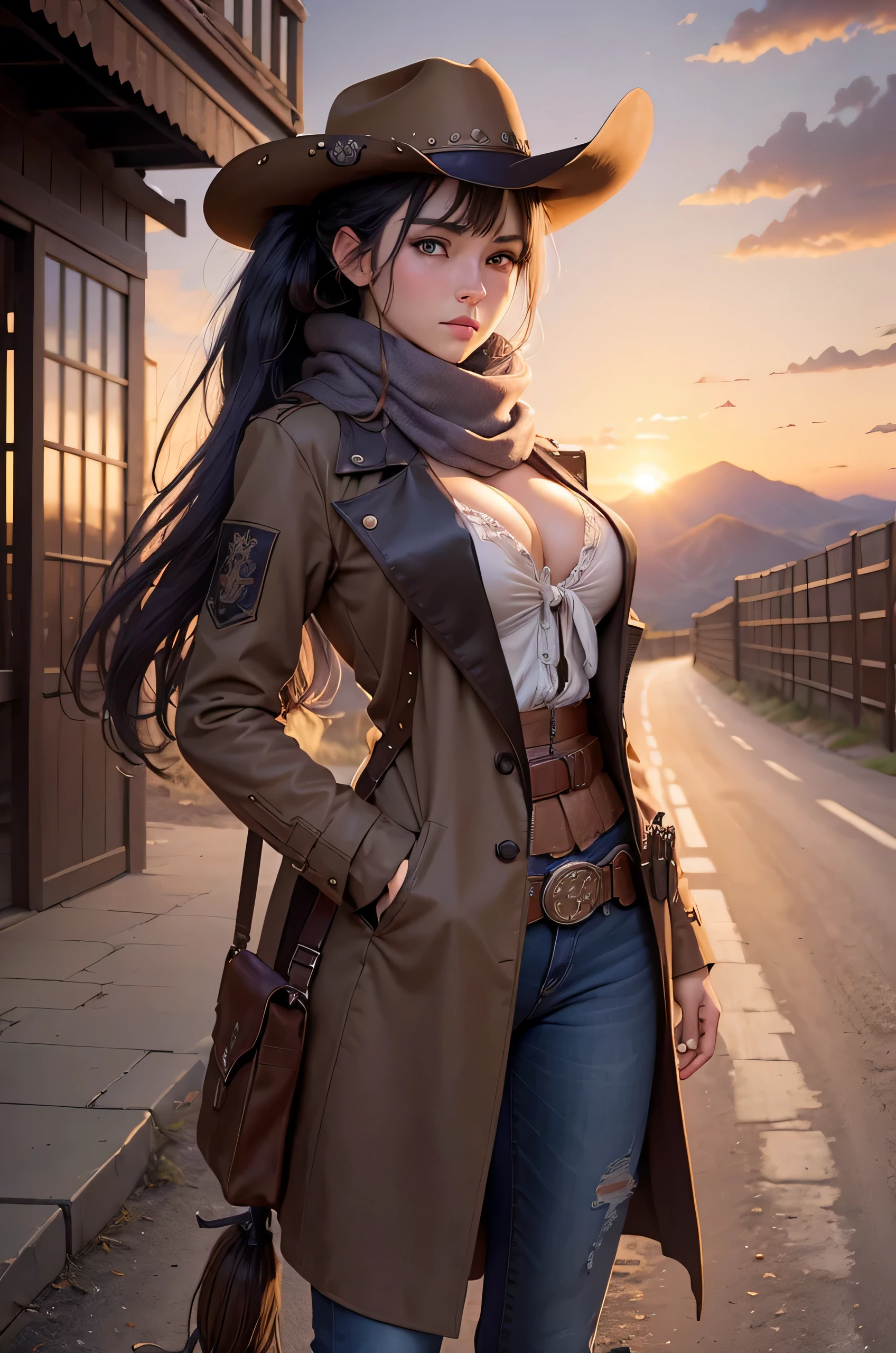 (Masterpiece, high quality), (best quality), (intricate details), (blurry background), 1girl sky blue eyes, long dark hair ponytail, scarf, duster coat over long sleeves shirt, big cleavage, jeans, bullet belt, (western holster:1.1), (colt single action army revolver), full body, old west, (wild west:1.2), american western old town, outdoors, ( sunset sky:1.4), (cowboy western:1.1), unpaved road, Tumbleweed on road