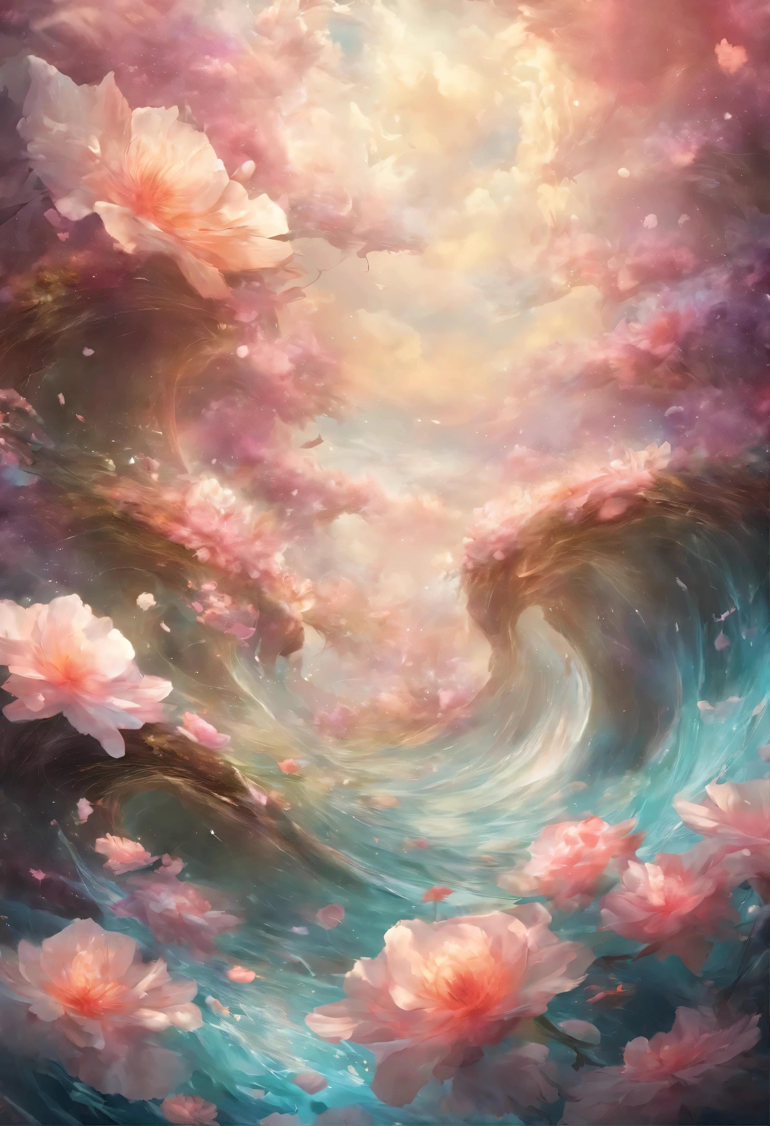 from below, best quality, 32k, RAW photo, incredibly absurdres, extremely detailed, delicate texture, the big wave of massive flowers and massive petals is swallowed up, fantasy, fairy tale, pastel color, motion-blur, action-lines