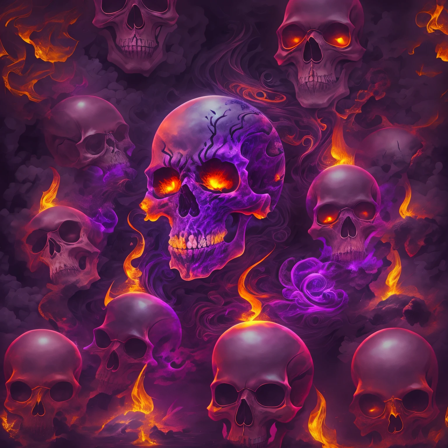 SCARY HORROR Photorealistic cartoon Create a 35D illustration of a dark skull background and fire smoke design artistically forming , luxcore zenanagle, dark eerie Caricature,   