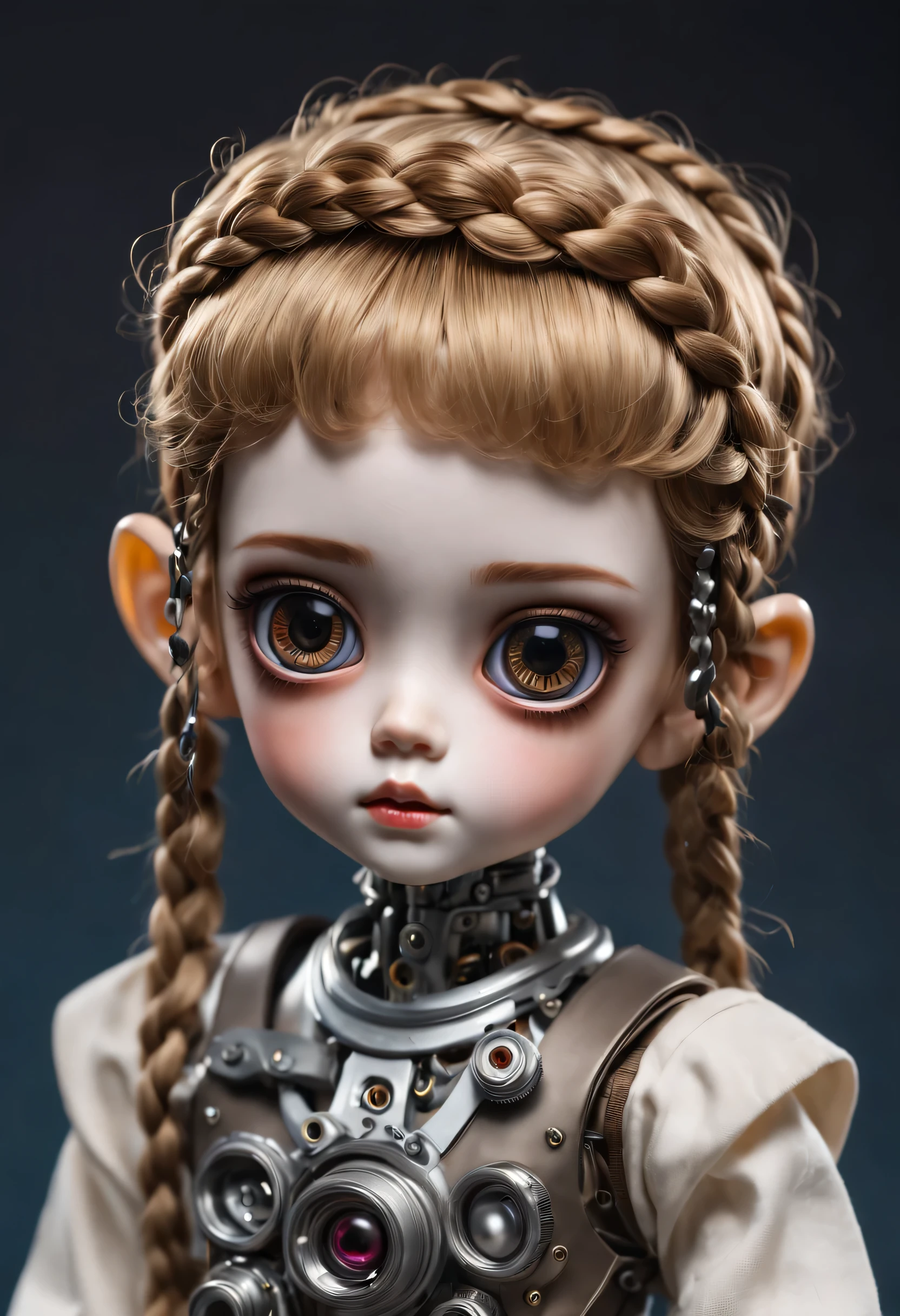 （best quality，4k，masterpiece：1.2），super detailed，lifelike：1.37，儿童书桌上的2个LovelyMechanical dolls，decoration，Possess human emotions and intelligence，Mechanical dolls，big eyes，dark eye makeup，mute，Lovely，Mechanical joint，Two boys with pigtails，whole body，sports shoes，fashion clothing，Metal skin decoration，Clean