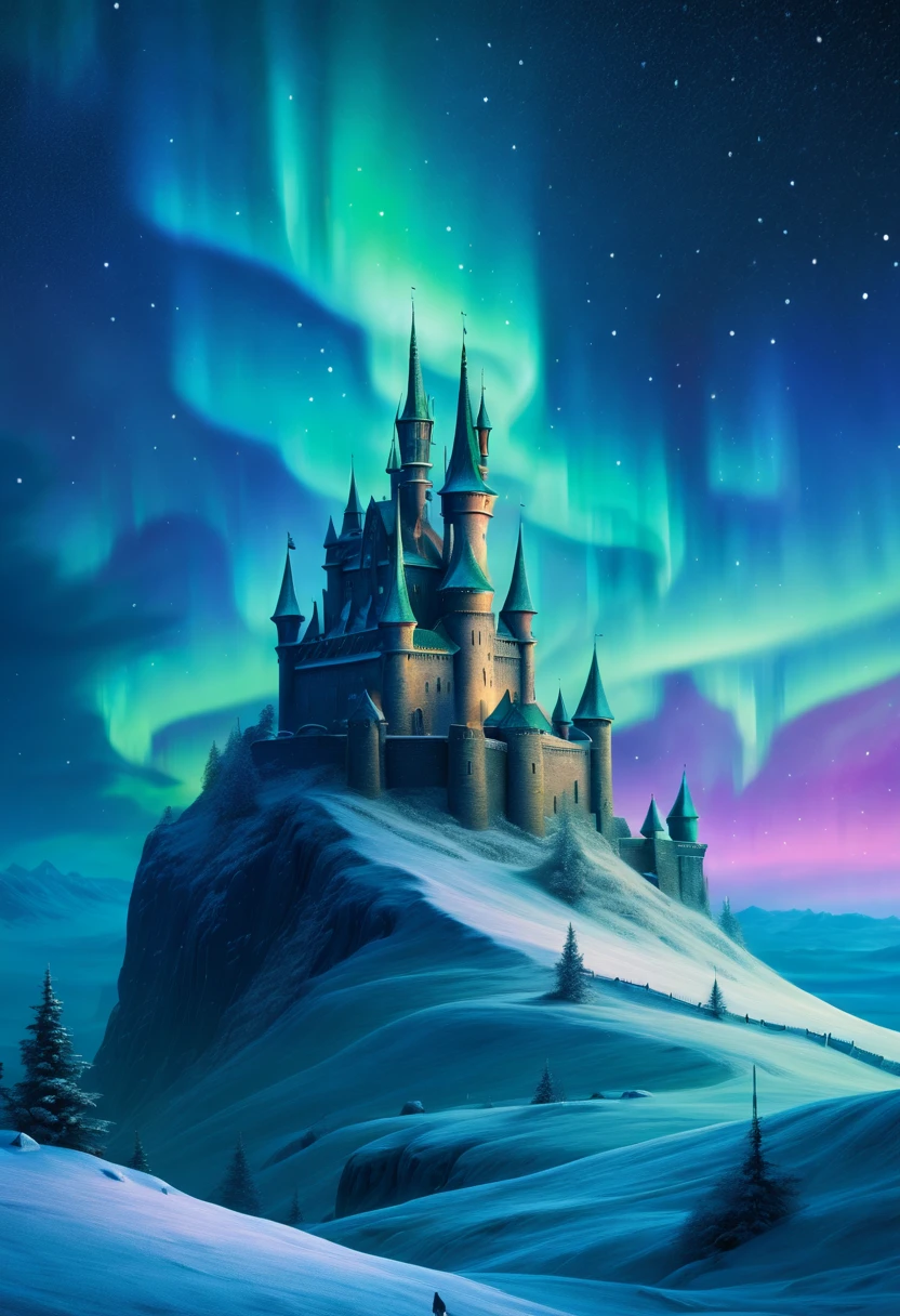 Castle on hilltop, aurora borealis and snowstorm merge, ethereal atmosphere, textured castle, starry night sky, ultrahigh definition, 3D depth, inspired by Ivan Aivazovsky, Edvard Munch, Salvador Dali