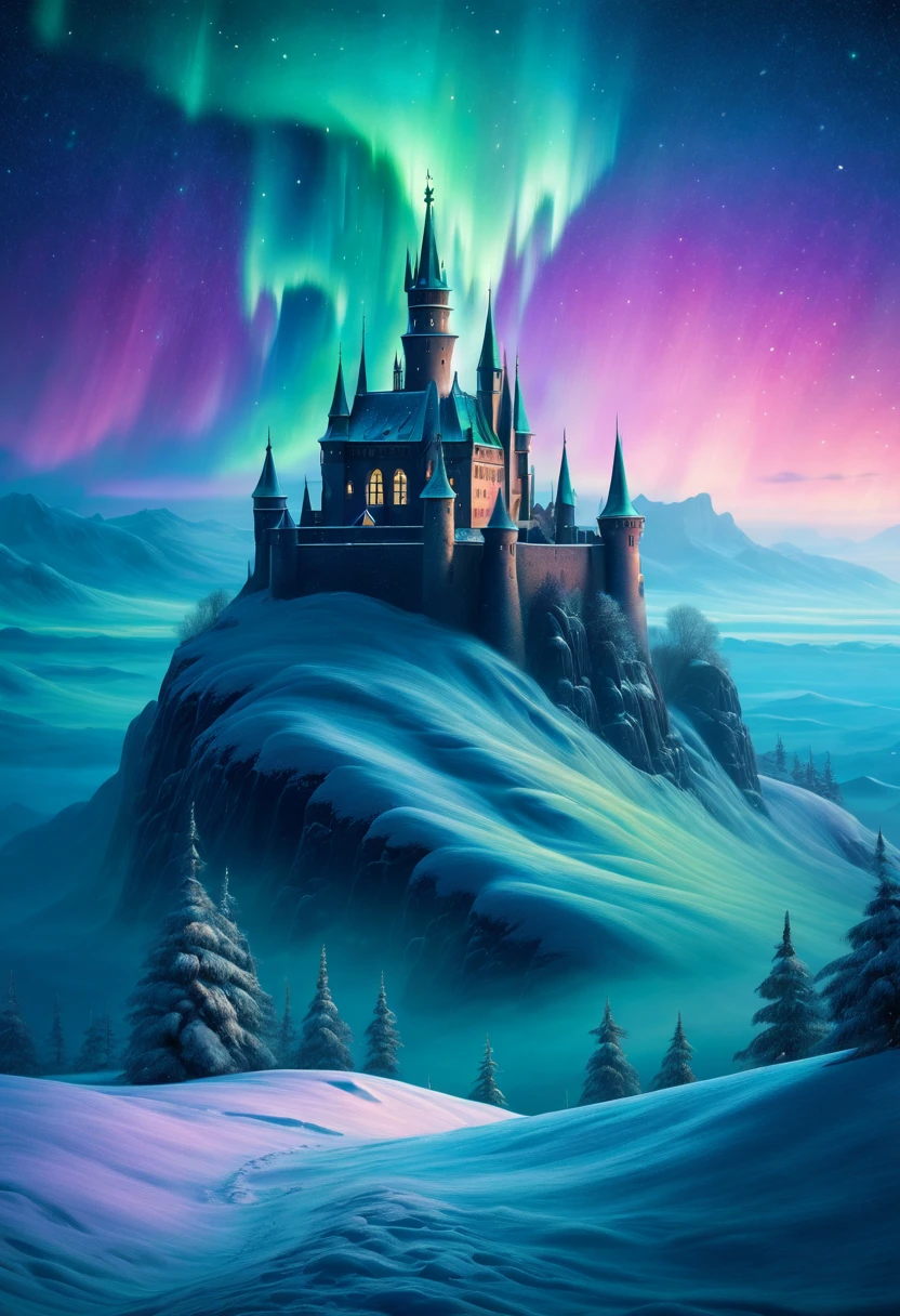 Castle on hilltop, aurora borealis and snowstorm merge, ethereal atmosphere, textured castle, starry night sky, ultrahigh definition, 3D depth, inspired by Ivan Aivazovsky, Edvard Munch, Salvador Dali