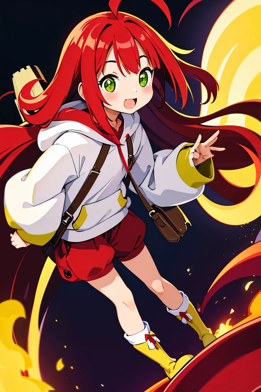   squishy cheeks smiling slanted eyes slightly open mouth red cheeks flowing bangs long flowing hair straight hair small ahoge long sideburns light red hair yellow-green eyes white pupils slightly white skin baggy hoodie hoodie is yellow green shorts, brown leather boots, navy high socks, and a shoulder bag.