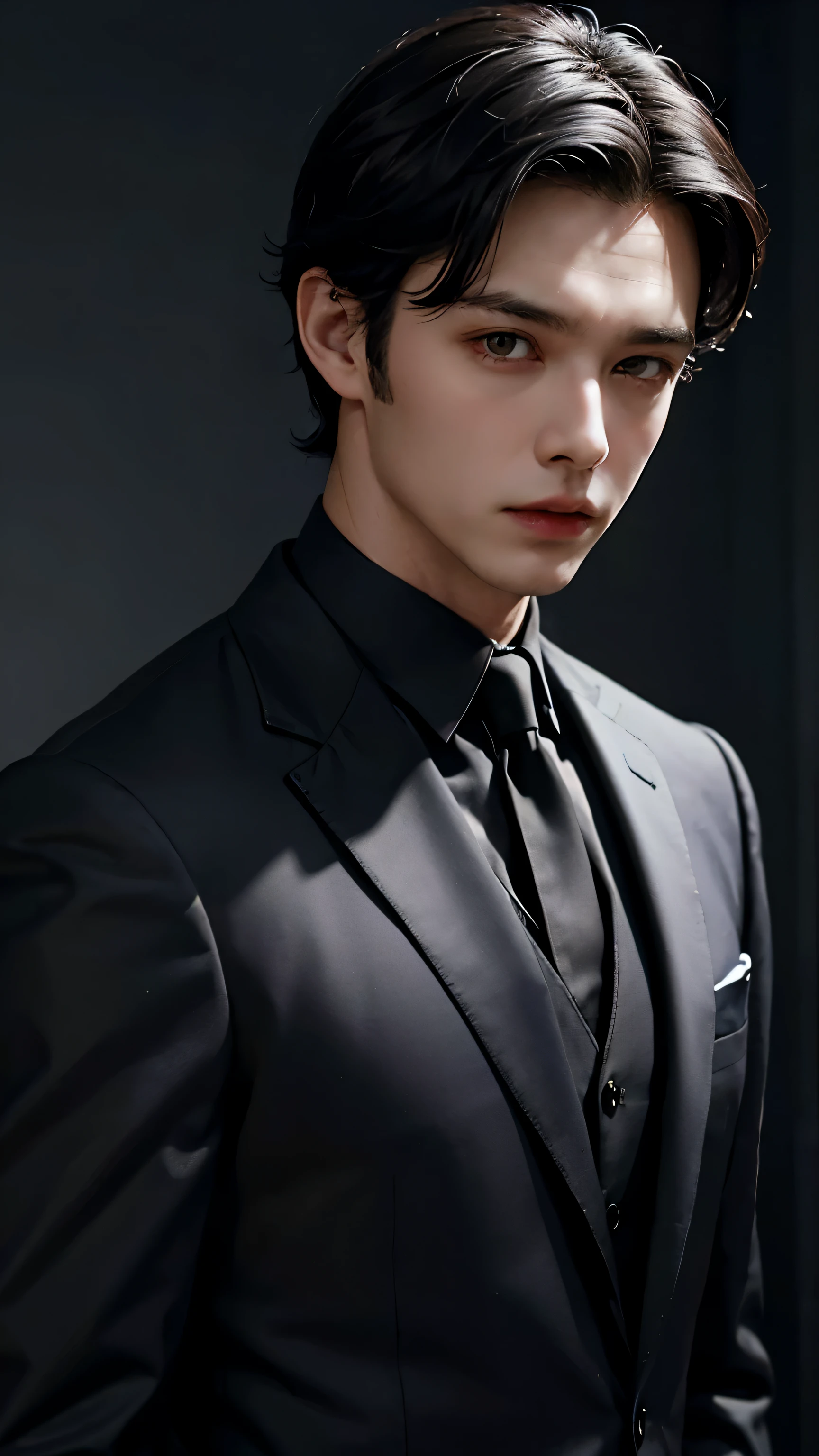 Handsome Jonathan Watson man black hair black suit vampire like appearance upper body short