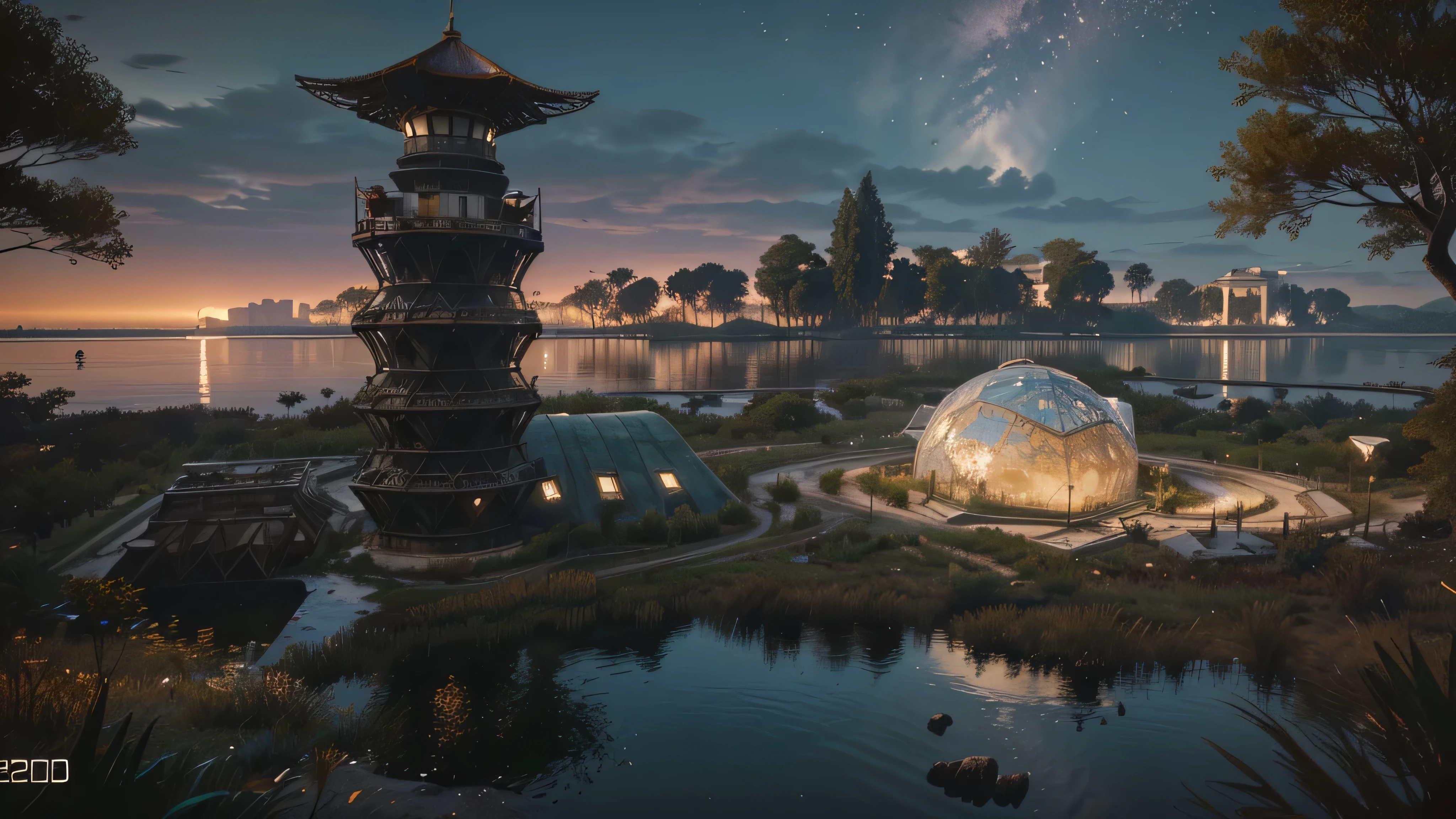 farol feito de pedra, steel dome, lago, ruins, Night sky, Trees, ponte, iluminado, ciberpunk 2077, jogo horizonte zero amanhecer, jogo sombra do colosso, Santiago Calatrava, population, jardins e ruinas, futurista