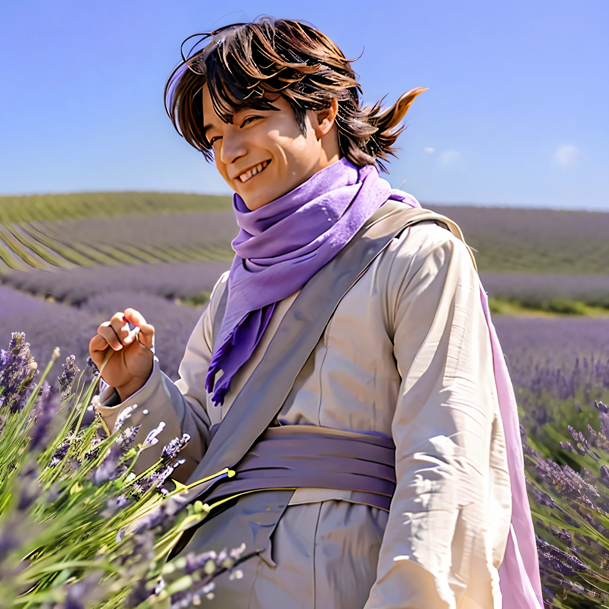 warning (anime adolescente ), 1 homem, cabelo escuro, olhos vermelhos, in the lavender field with flowers with sunlight wearing adventurer clothes with a pointed cat tail and a cat with a red scarf wrapped around its neck the character is looking at the screen and smiling.