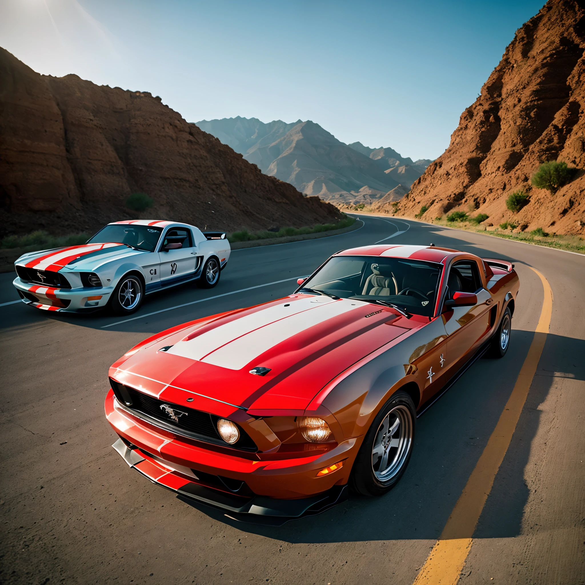 A Mustang cobra year 2000, color rojo con rayas negras, en una carretera derrapando, dawning and with floating subtitles that are a recreation of the Gears of Wars logo