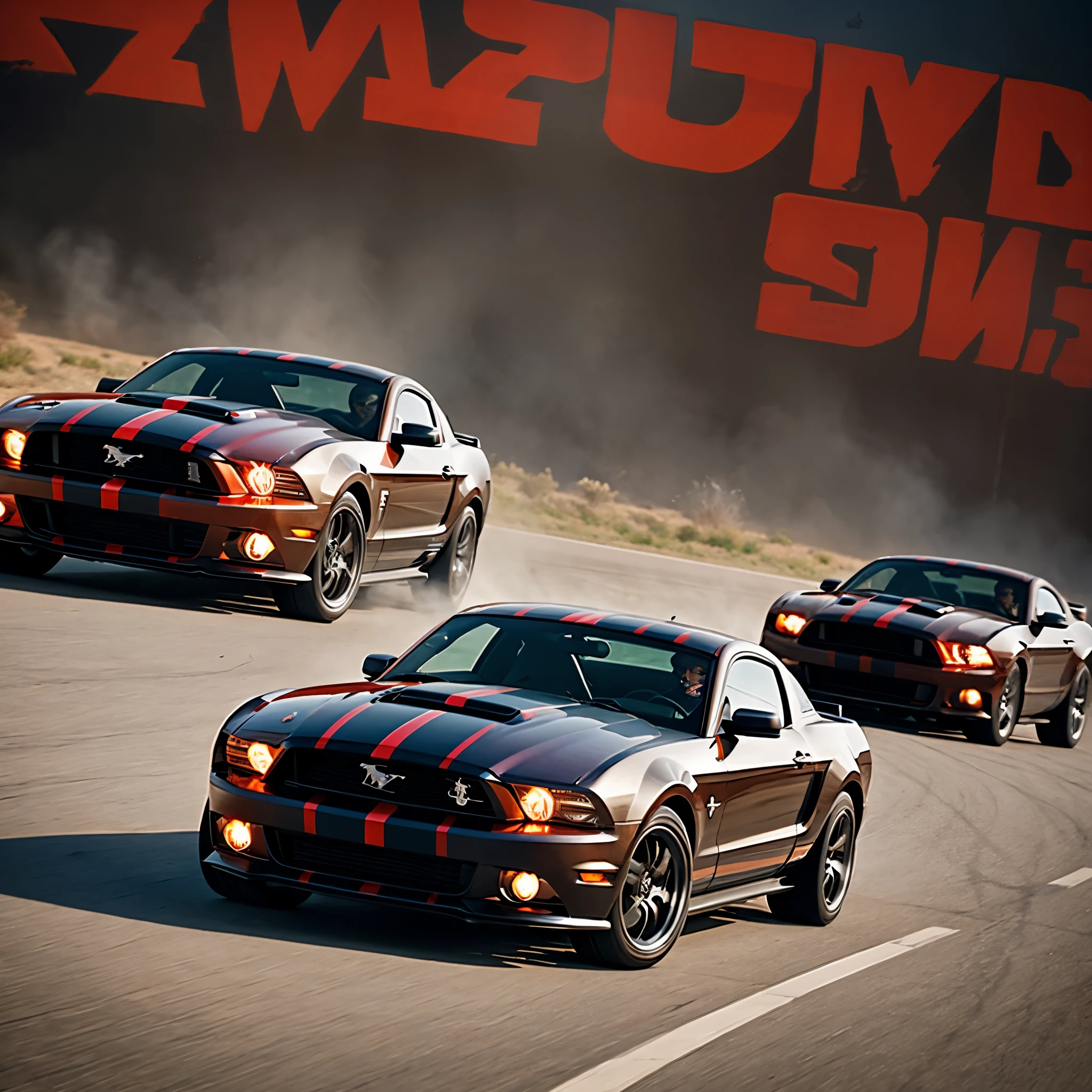 A Mustang cobra year 2000, color rojo con rayas negras, en una carretera derrapando, dawning and with floating subtitles that are a recreation of the Gears of Wars logo