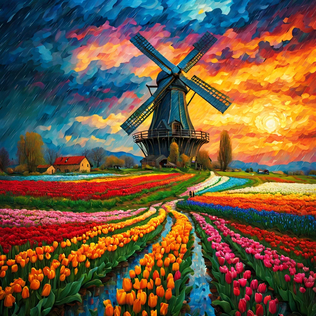 Windmill in tulip field, sunset and rain shower merge, vibrant colors, intricate windmill, blooming flowers, ultrahigh definition, 3D depth, inspired by Vincent van Gogh, Pierre-Auguste Renoir, Gustav Klimt