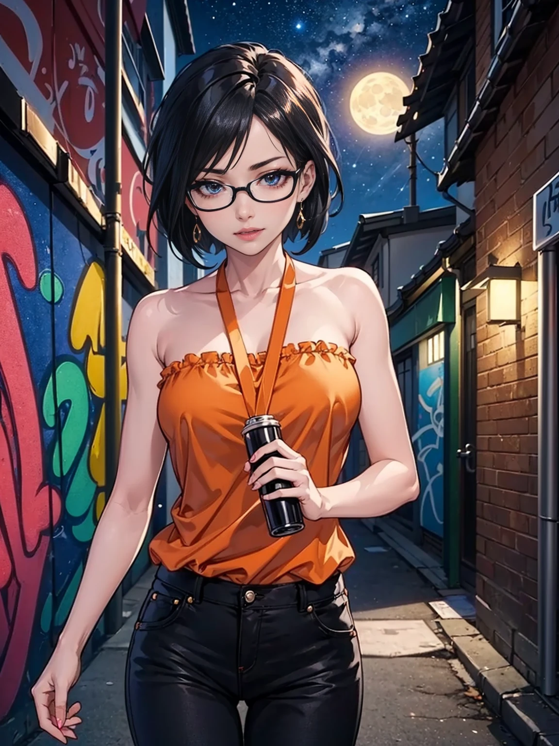 ((Sarada Uchiha, short hair, black eyes, glasses, uchiha sarada)), ((solo, 1woman, pink lipstick, Extremely detailed, ambient soft lighting, 4k, perfect eyes, a perfect face, perfect lighting, a 1girl)) austere,((strapless blouse, (orange blouse), malicious, jade earrings, gold jewelry, orange bouse, black pantalona tailoring pants, (orange satin halter blouse), (sleeveless blouse))), night sky, clouds, , lots of , (graffiti alley, graffiti walls, in an alley, (night, moonlight, starry night, Milky Way, lighting))