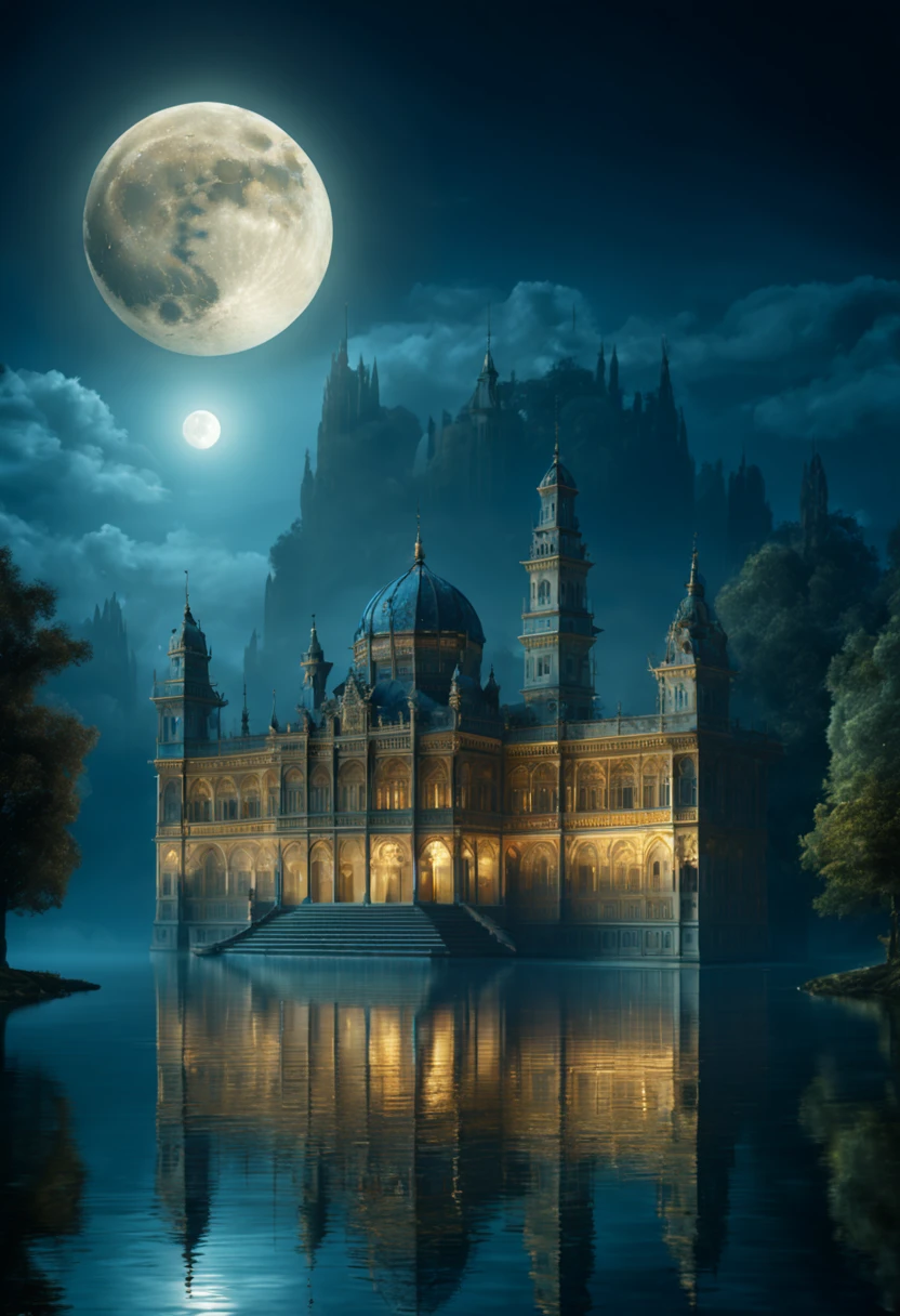 Palace by the lake, full moon and heat haze combine, mystical atmosphere, ornate palace, reflective water, ultrahigh definition, 3D depth, inspired by Leonardo da Vinci, Rembrandt, J.M.W. Turner