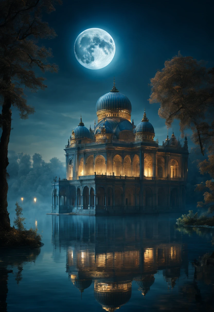 Palace by the lake, full moon and heat haze combine, mystical atmosphere, ornate palace, reflective water, ultrahigh definition, 3D depth, inspired by Leonardo da Vinci, Rembrandt, J.M.W. Turner