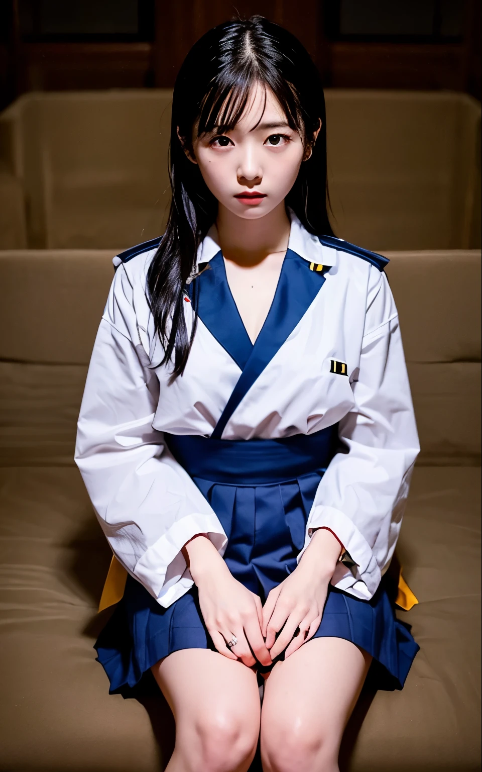 masterpiece, highest quality, alone, glowing skin, deep depth of field, rise from the coffin She is wearing a navy blue Japanese sailor uniform. Looking above 16 years old beautiful girl On the knees empty and beautiful eyes A scene from a movie