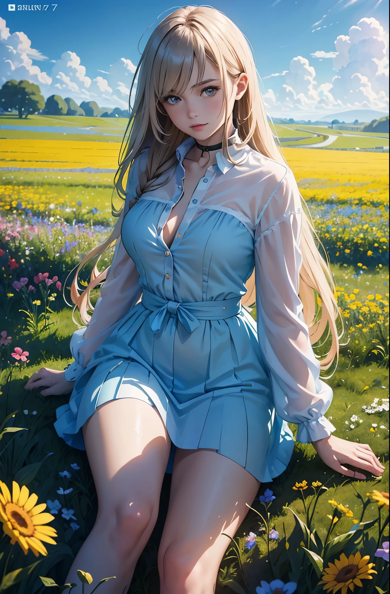 **an image of a girl in the field in the background, in the style of vibrant comics, realistic hyper-detailed portraits, delicate flowers, realistic blue skies, cartoonish characters, shiny/glossy, close up --ar 2:3 --v 6.0 --style raw --s 750** - (relaxed)