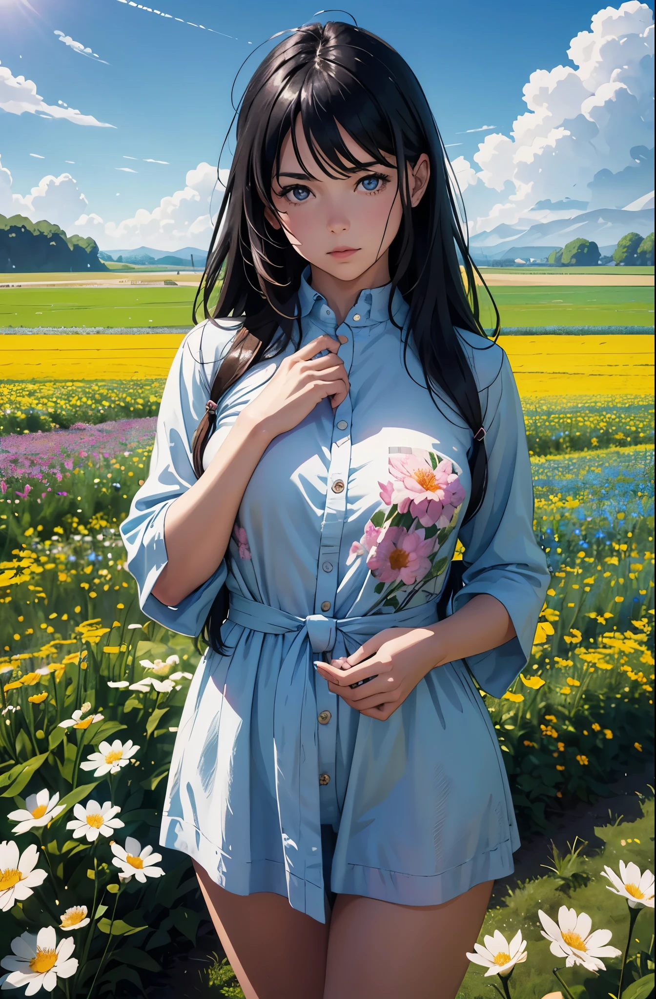 **an image of a girl in the field in the background, in the style of vibrant comics, realistic hyper-detailed portraits, delicate flowers, realistic blue skies, cartoonish characters, shiny/glossy, close up --ar 2:3 --v 6.0 --style raw --s 750** - (relaxed)