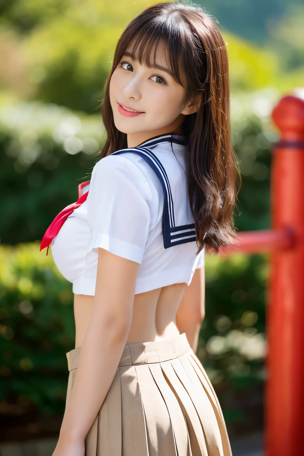 (((The wind blows up the skirt、white panties、underwear)))、(masterpiece,highest quality,ultra high resolution),japanese woman, very beautiful、naive girl、(perfect limbs、perfect anatomy)、sailor suit、長袖sailor suit、pure white、Shining beautiful skin、Moist eyes、Brown glittery hair