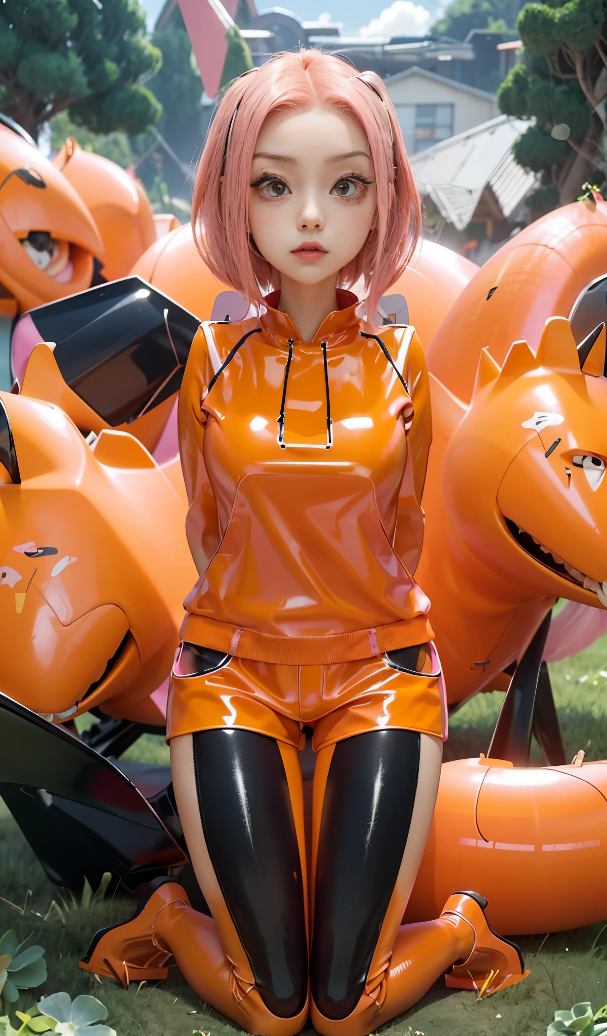 beautiful anime portrait, young anime girl, digital animation art, Stunning anime face portraits, anime style portrait, digital anime illustration, Portrait of an anime girl, anime portrait, anime illustration,Latex clothing,Latex clothing,Latex clothing,Latex clothing,Latex clothing,Latex clothing,black,black,black,black,black,High heels, high heels, high heels, high heels, high heels, high heels, high heels, high heels,pink hair,pink hair,pink hair,orange clothes,orange clothes,orange clothes,orange clothes,跪在grassland上,grassland,green vegetable patch,Behind is a boulder,arms behind back,arms behind back