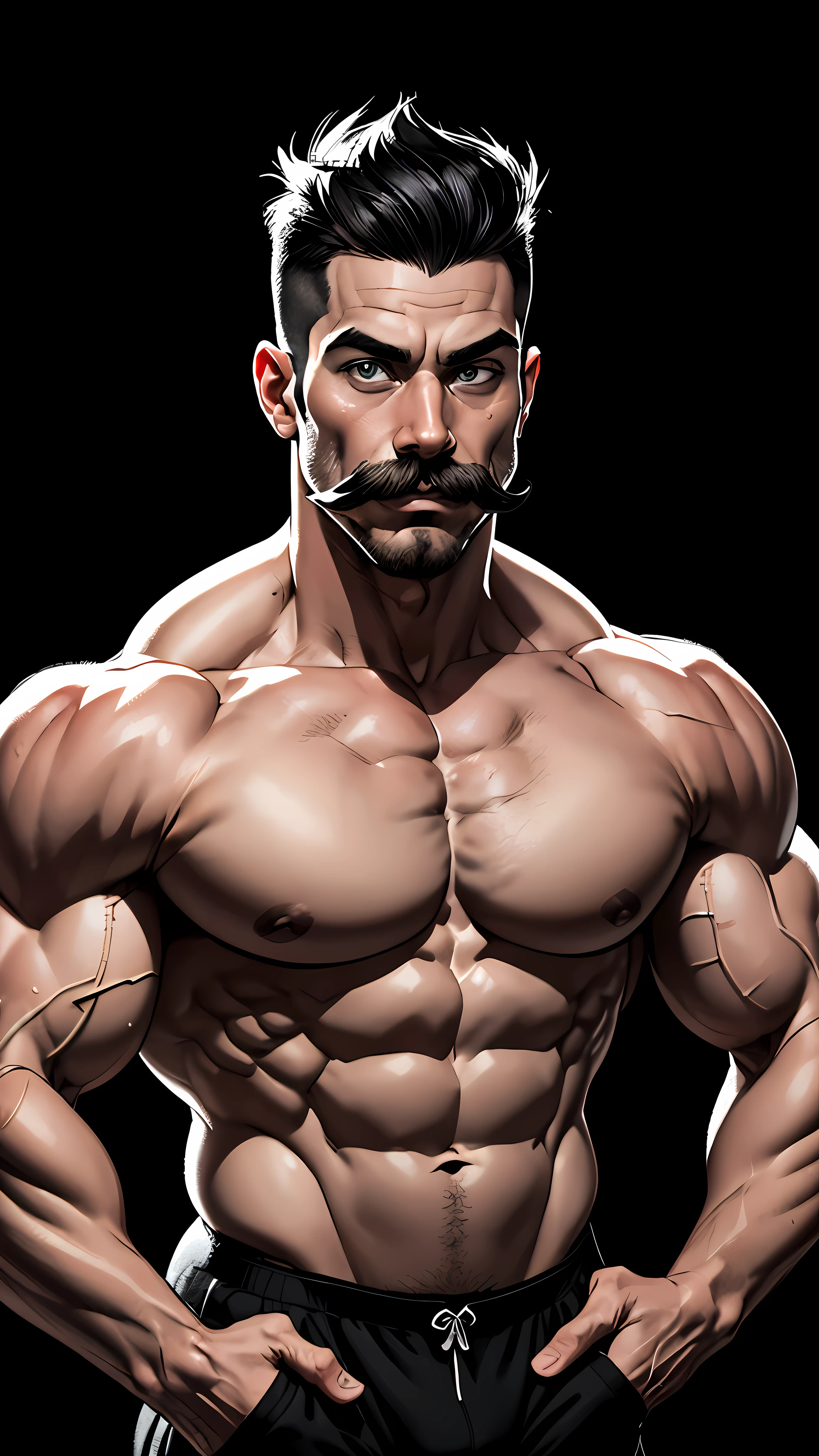 (cartoon style:1.2) (one photo) (bodybuilder) (black background) (man) (with mustache) (black and white)