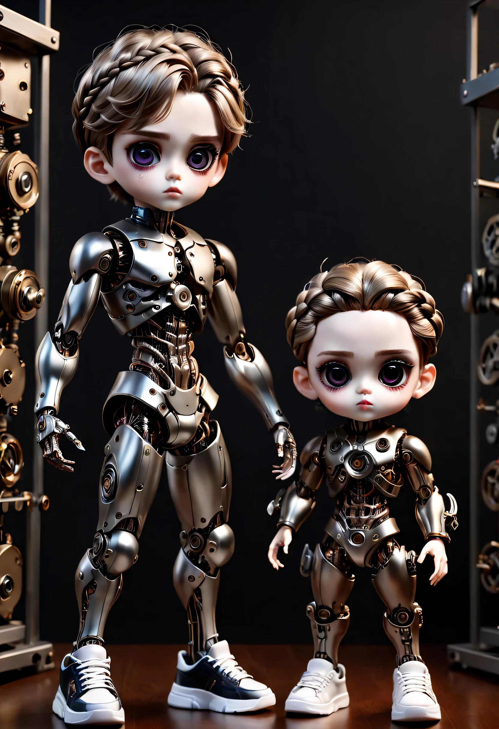 (best quality,4k,masterpiece:1.2),super detailed,lifelike:1.37,??书桌上的2个LovelyMechanical dolls,有趣的action,decoration,Possess human emotions and intelligence,Mechanical dolls,big eyes,dark eye makeup,mute,Lovely,Mechanical joint,Two boys with pigtails,whole body,action,posture,sports shoes,fashion clothing,Metal skin decoration,Clean