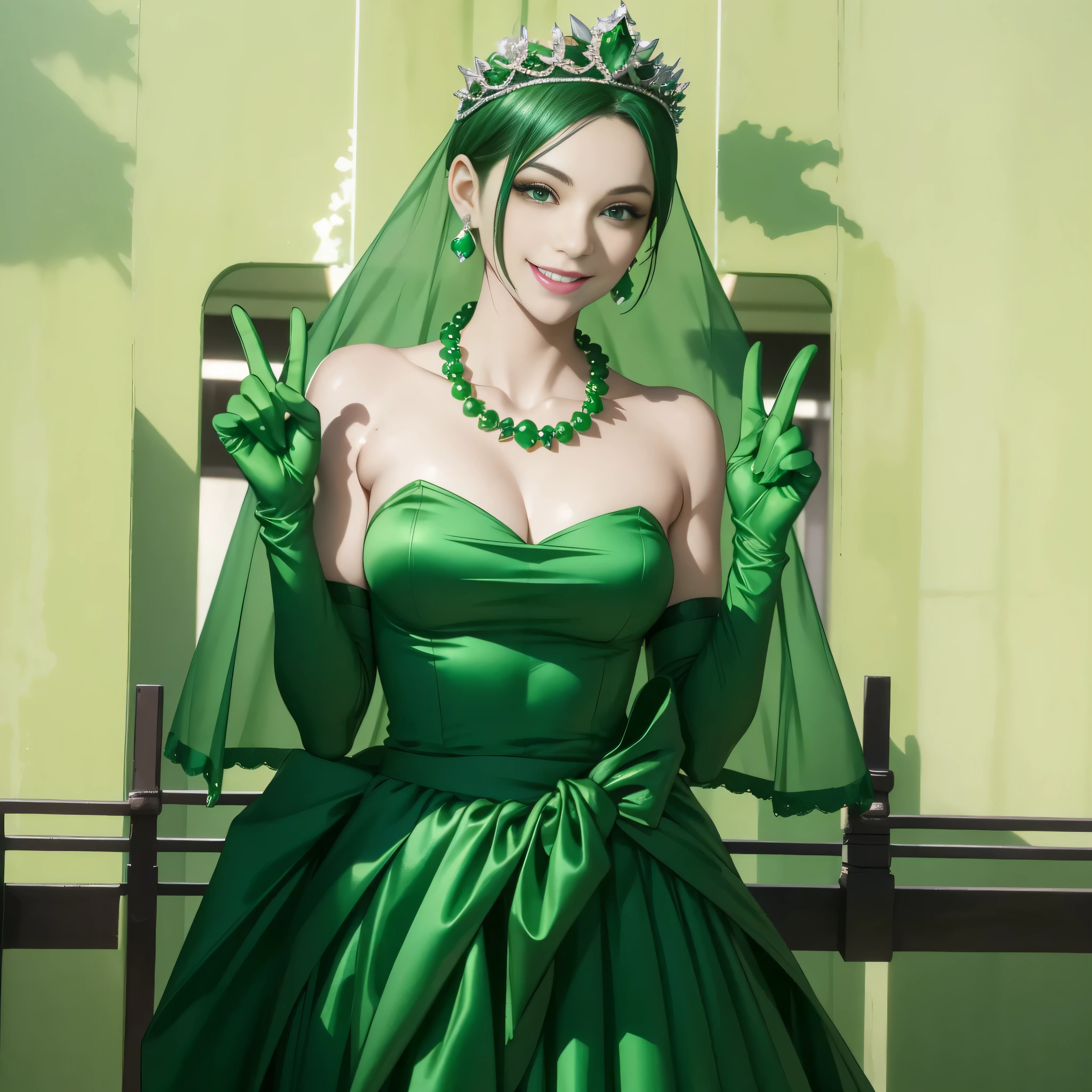 emerald tiara, Green Pearl Necklace, Boyish green berry short hair, lipstick, Smiling Japan woman, very short hair, big breasts beautiful, green eyes, Green long gloves made of satin material, green eyes, v sign, emerald earrings, Green Valley