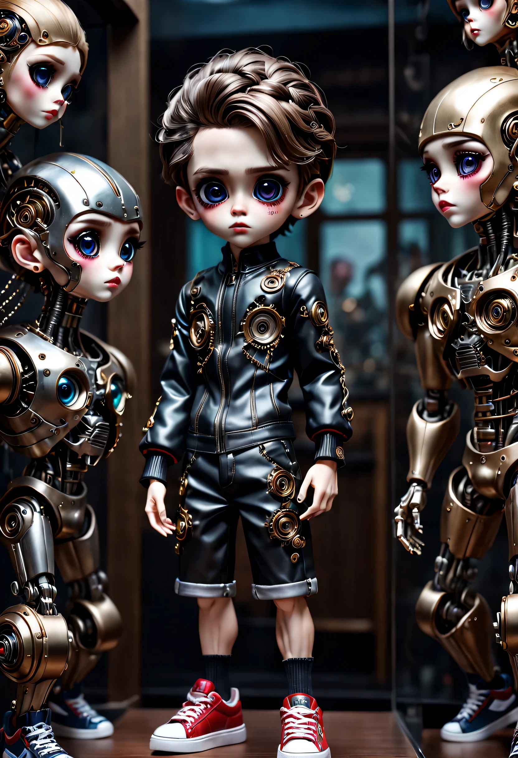 （best quality，4k，masterpiece：1.2），super detailed，lifelike：1.37，sold，sold，exhibit，decoration，Possess human emotions and intelligence，Mechanical dolls，big eyes，dark eye makeup，mute，Lovely，Mechanical joint，Two boys with pigtails，photo poses，whole body，sports shoes，fashion clothing，Metal skin decoration，Clean