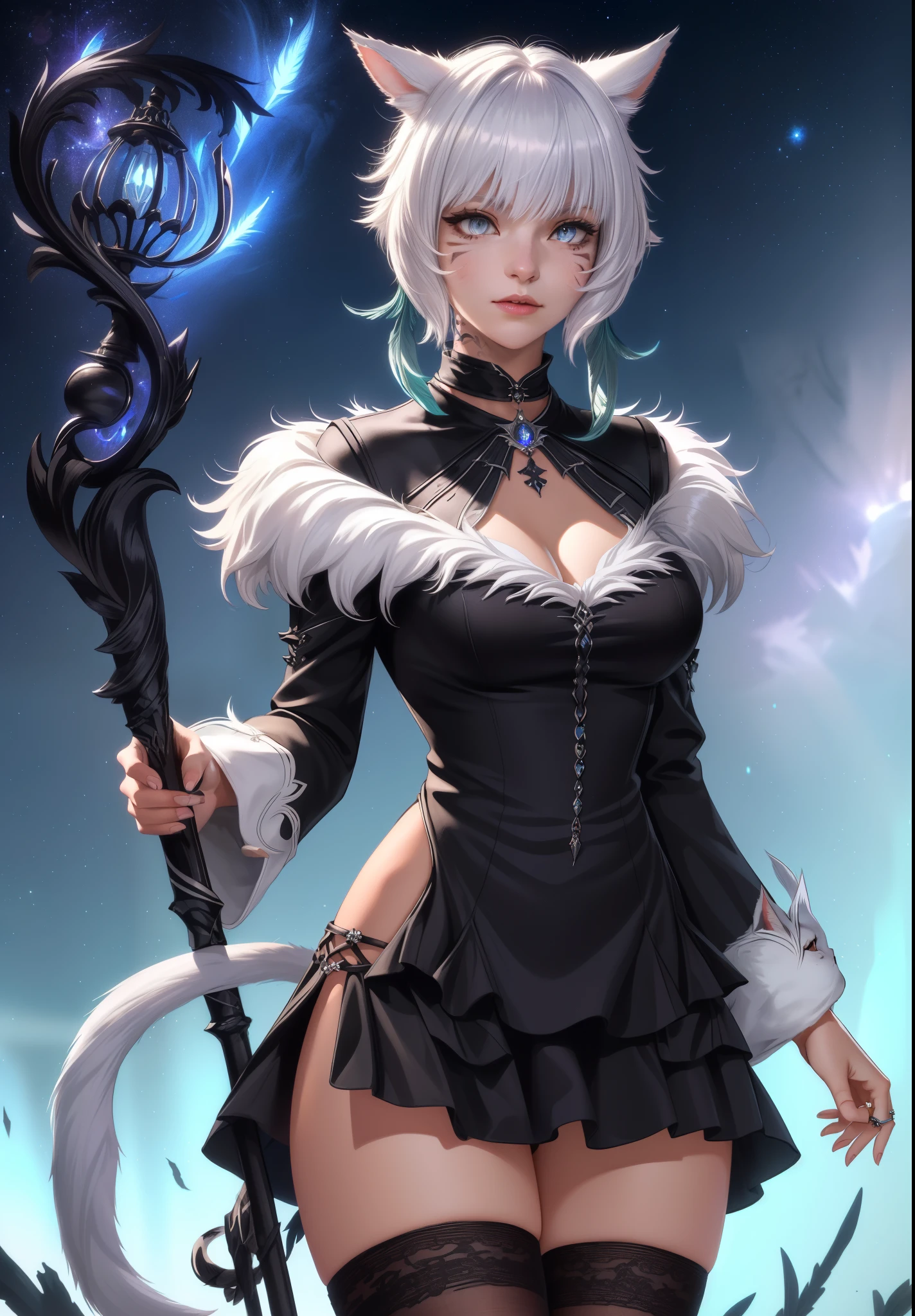 (masterpiece, high quality:1.1), y'shtola, miqo'te, cinematic lighting, extremely detailed, Matoya, hair ornament, feather hair ornament, choker, black choker, brooch, dress, long dress, black dress, fur-trimmed dress, fur trim, backless outfit, cleavage, long sleeves, wide sleeves, gloves, black gloves, fingerless gloves, partially fingerless gloves, ring, claw ring, y'shtola, y'shtola rhul, miqo'te, cat girl, grey hair, short hair, bangs, animal ears, cat ears, grey eyes, slit pupils, lips, facial mark, whisker markings, tattoo, neck tattoo, tail, cat tail,