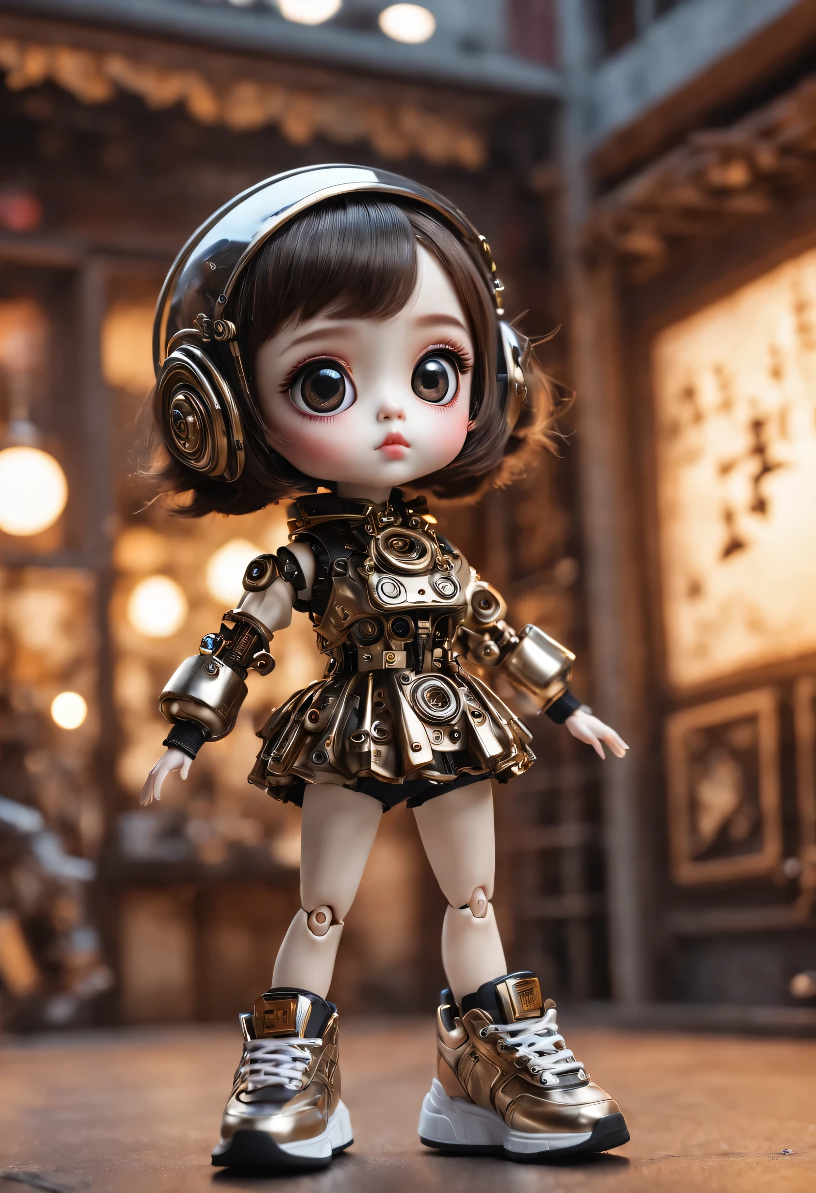 (best quality,4k,masterpiece:1.2),super detailed,lifelike:1.37,儿童书桌上的2个LovelyMechanical dolls,emotional communication,有趣的action,decoration,Possess human emotions and intelligence,Mechanical dolls,big eyes,dark eye makeup,mute,Lovely,Mechanical joint,short hair,whole body,action,posture,sports shoes,fashion clothing,Metal skin decoration,Clean,Warm,Warm,blurred background
