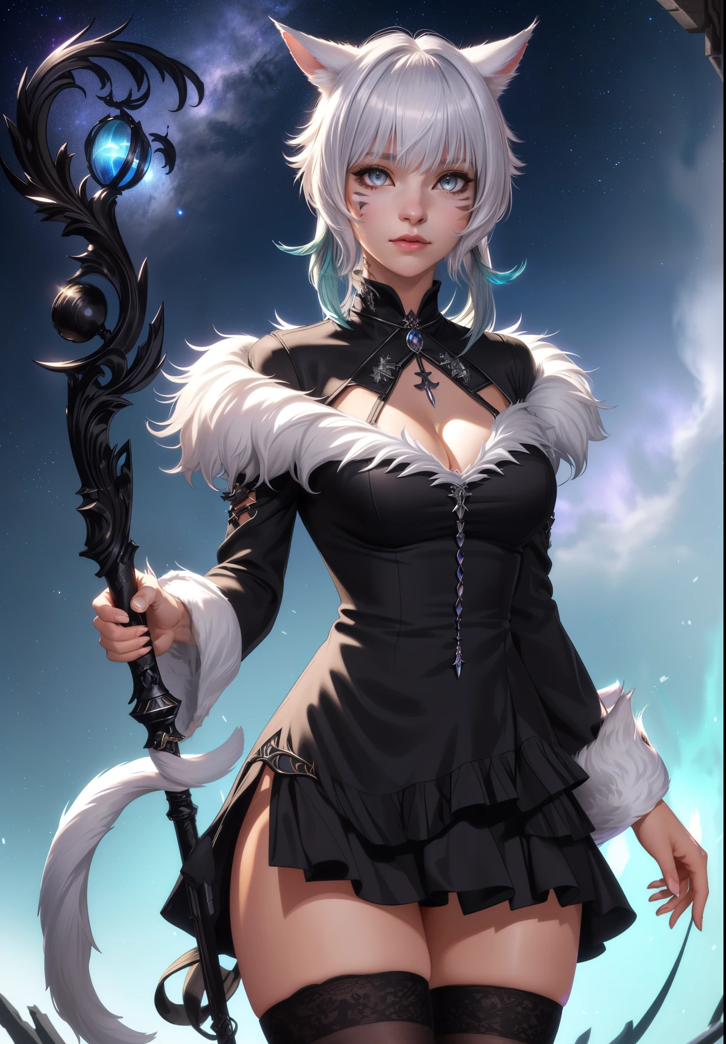 (masterpiece, high quality:1.1), y'shtola, miqo'te, cinematic lighting, extremely detailed, Matoya, hair ornament, feather hair ornament, choker, black choker, brooch, dress, long dress, black dress, fur-trimmed dress, fur trim, backless outfit, cleavage, long sleeves, wide sleeves, gloves, black gloves, fingerless gloves, partially fingerless gloves, ring, claw ring, y'shtola, y'shtola rhul, miqo'te, cat girl, grey hair, short hair, bangs, animal ears, cat ears, grey eyes, slit pupils, lips, facial mark, whisker markings, tattoo, neck tattoo, tail, cat tail,