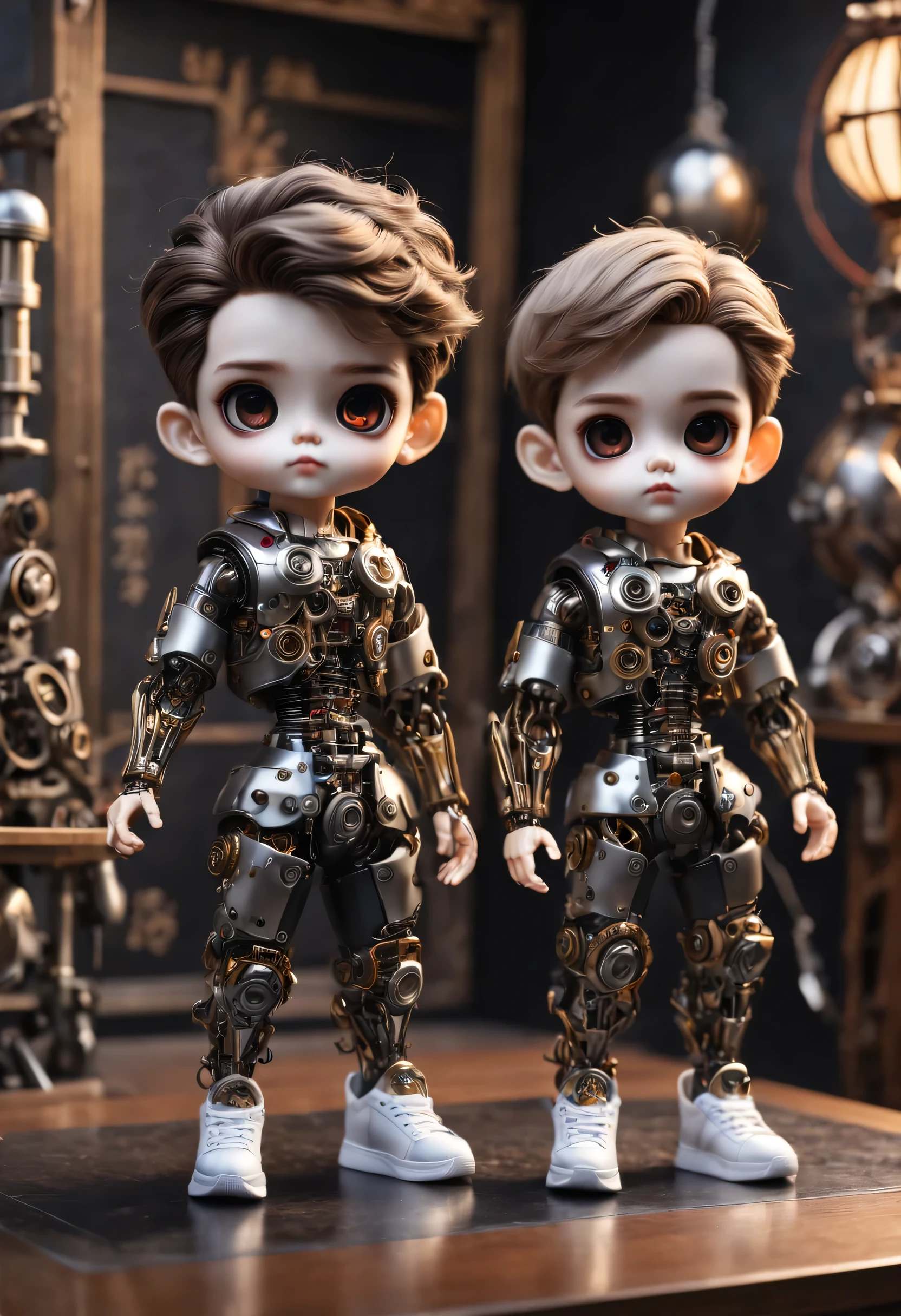 （best quality，4k，masterpiece：1.2），super detailed，lifelike：1.37，儿童书桌上的2个LovelyMechanical dolls，有趣的action，decoration，Possess human emotions and intelligence，Mechanical dolls，big eyes，dark eye makeup，mute，Lovely，Mechanical joint，Two boys with pigtails，whole body，action，posture，sports shoes，fashion clothing，Metal skin decoration，Clean