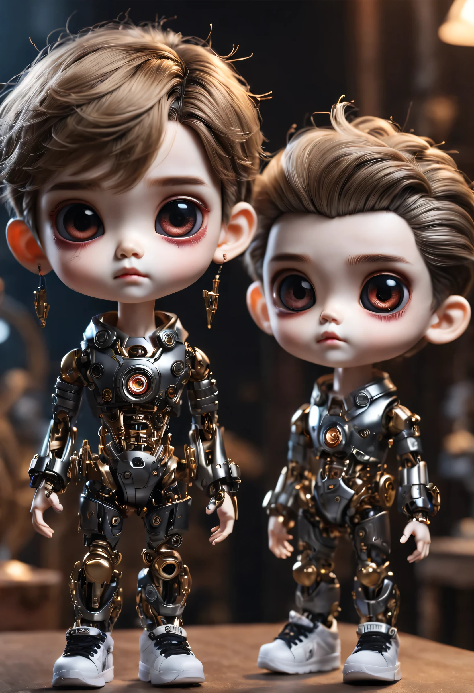 （best quality，4k，masterpiece：1.2），super detailed，lifelike：1.37，儿童书桌上的2个LovelyMechanical dolls，有趣的action，decoration，Possess human emotions and intelligence，Mechanical dolls，big eyes，dark eye makeup，mute，Lovely，Mechanical joint，Two boys with pigtails，whole body，action，posture，sports shoes，fashion clothing，Metal skin decoration，Clean