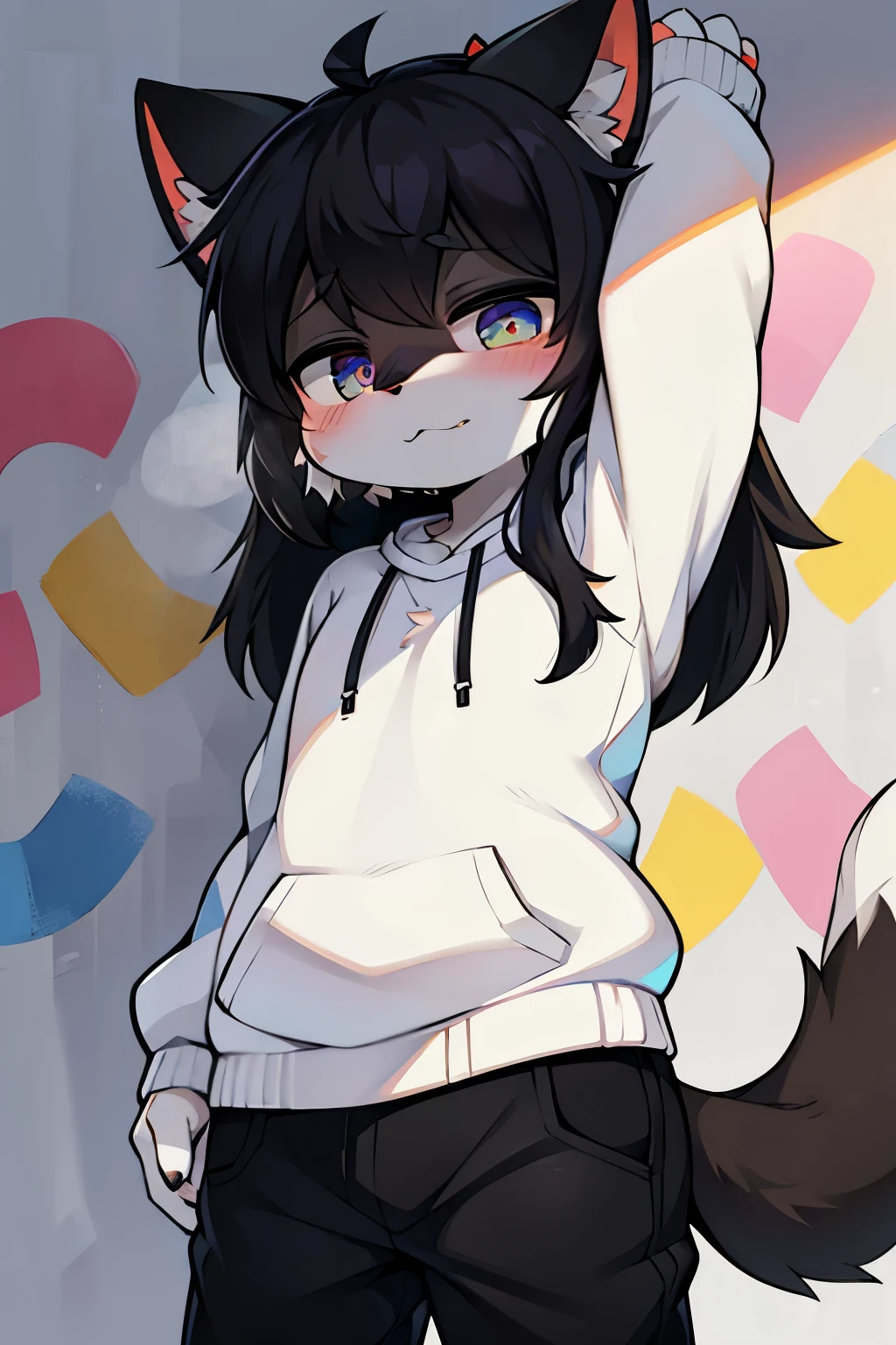 milk cat，hairy，furry，Colorful Patterned White Sweatshirt，Black casual pants with white stripes，Q version，cute，Simple art style，Cartoon style，There is little love in the eyes，black pupils，White hair on paws，Black hair on ears, white hair on ear tips，black hair on back，Black tail with white tip，side，dislike，Facial paralysis of the face，Colorful graffiti background