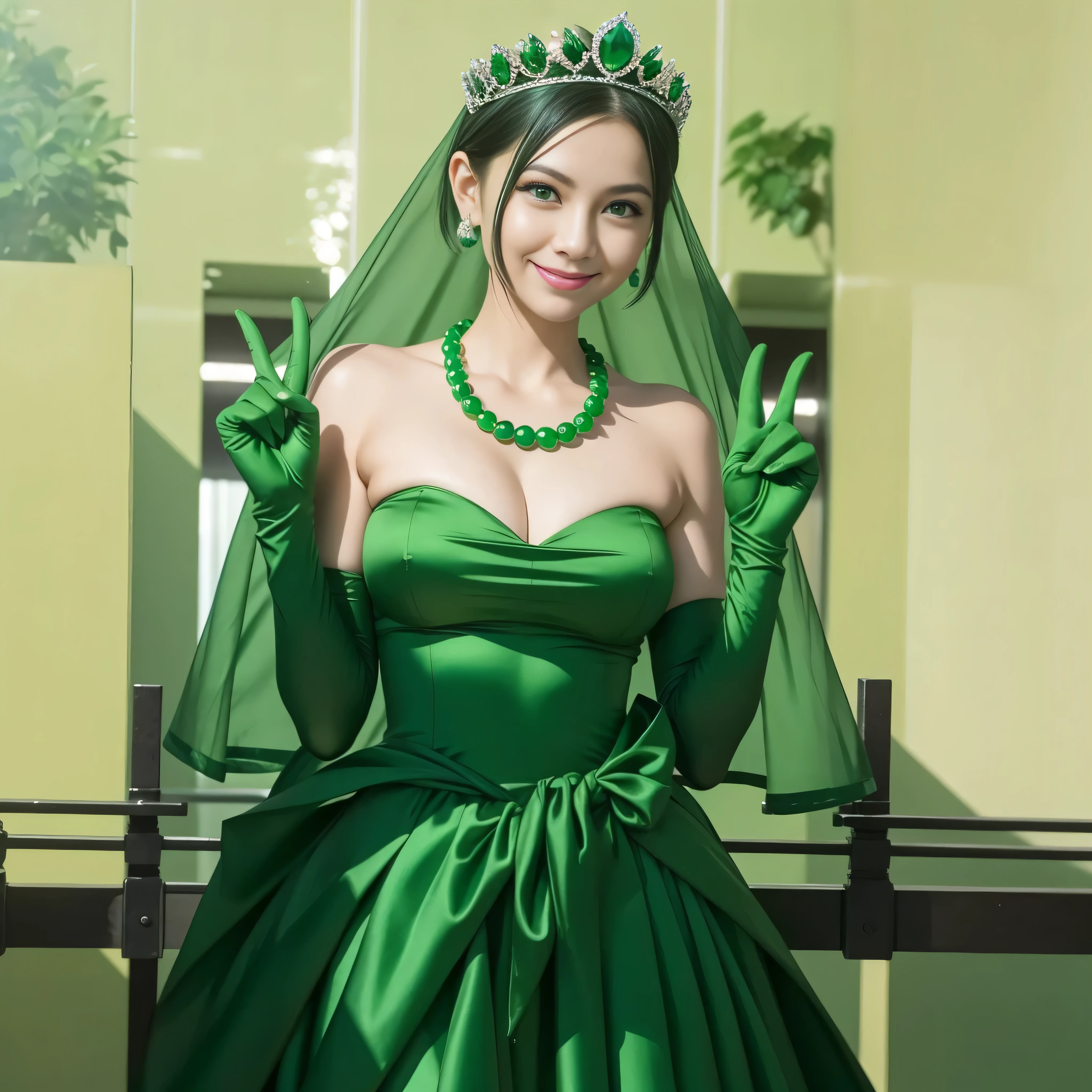 emerald tiara, Green Pearl Necklace, Boyish green berry short hair, lipstick, Smiling Japan woman, very short hair, big breasts beautiful, green eyes, Green long gloves made of satin material, green eyes, v sign, emerald earrings, Green Valley
