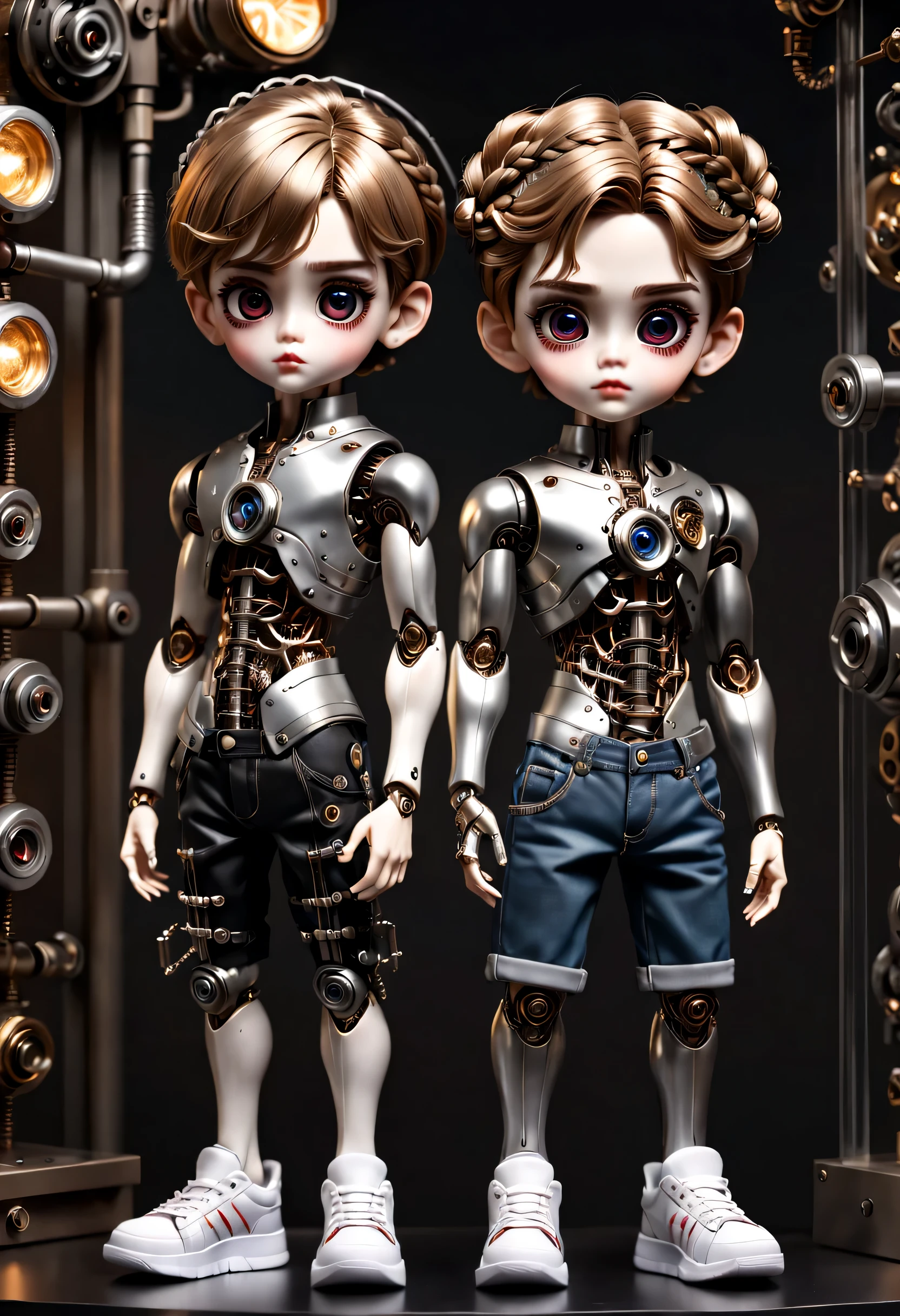 （best quality，4k，masterpiece：1.2），super detailed，lifelike：1.37，儿童书桌上的2个LovelyMechanical dolls，decoration，Possess human emotions and intelligence，Mechanical dolls，big eyes，dark eye makeup，mute，Lovely，Mechanical joint，Two boys with pigtails，whole body，action，posture，sports shoes，fashion clothing，Metal skin decoration，Clean