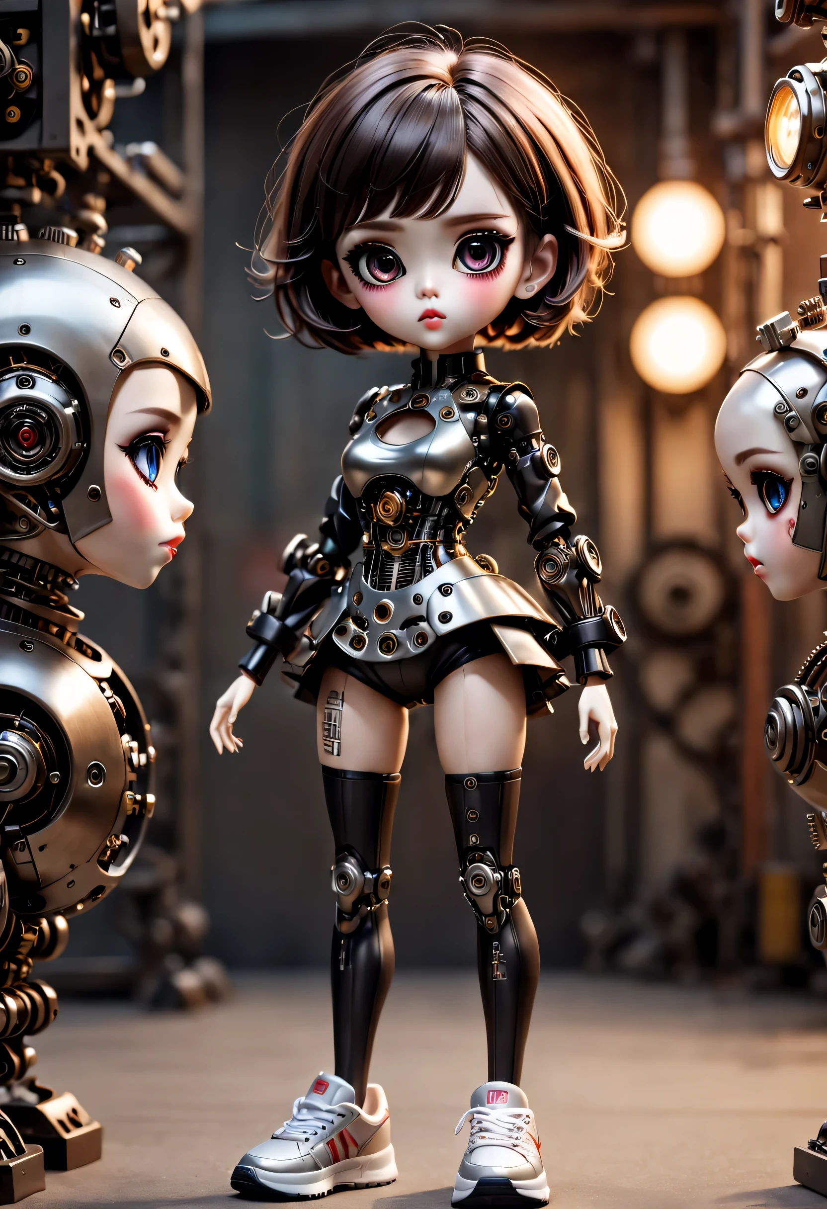 （best quality，4k，masterpiece：1.2），super detailed，lifelike：1.37，儿童书桌上的2个LovelyMechanical dolls，emotional communication，有趣的action，decoration，Possess human emotions and intelligence，Mechanical dolls，big eyes，dark eye makeup，mute，Lovely，Mechanical joint，short hair，whole body，action，posture，sports shoes，fashion clothing，Metal skin decoration，Clean，Warm，Warm，blurred background