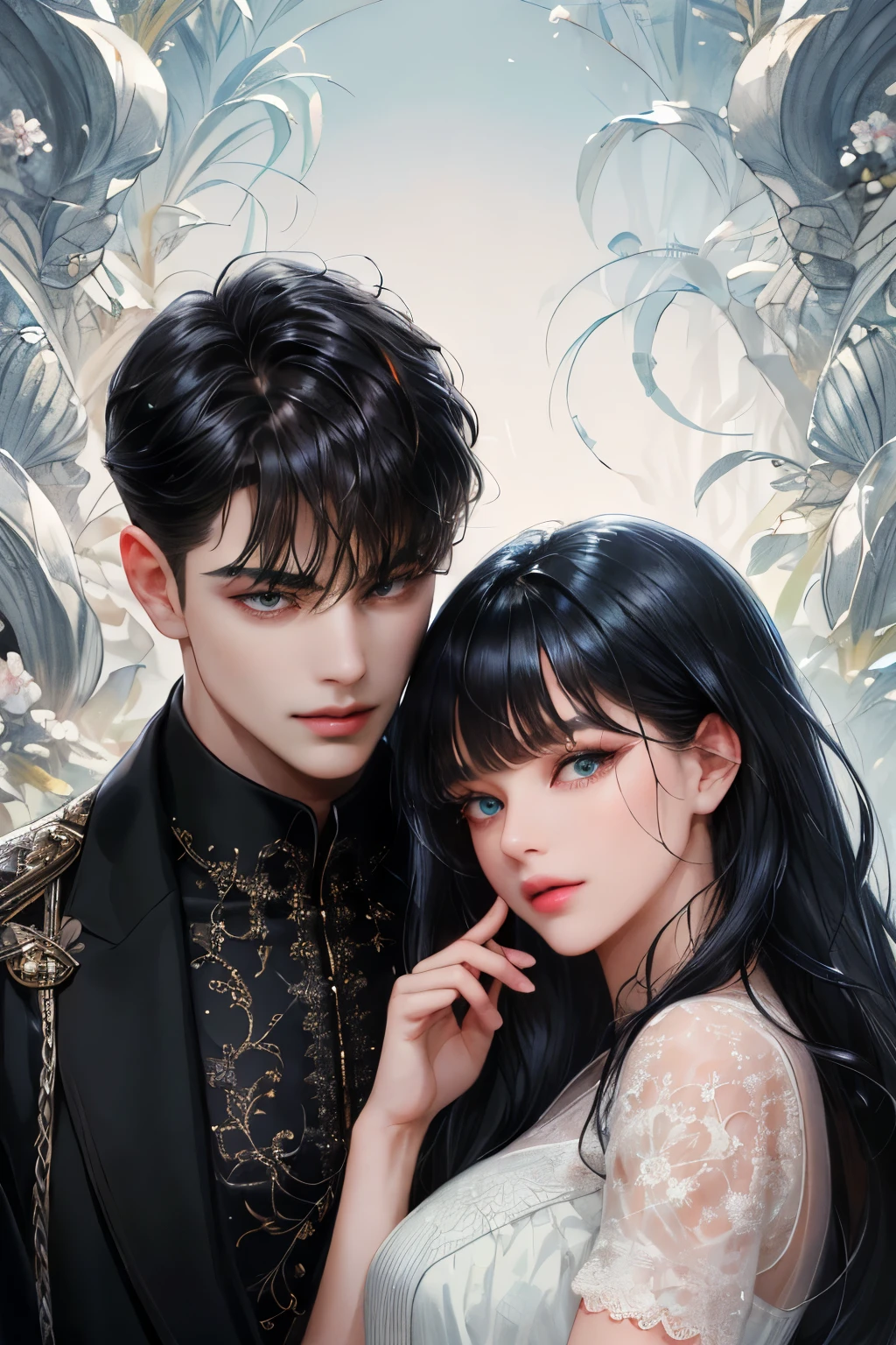 (absurdly , high quality , masterpiece , ultra detailed), ( detailed to hand ) (detailed to eyes) (detailed to face) , couples, 1 man (short black Quiff hair with Soft Fringe, bangs part on side 3:7 ratio blue eye) and 1 woman (semi long black hair with fringe, brown eyes) love ,pretty eyes ) , black hair, fantasy, detailed background, soft light