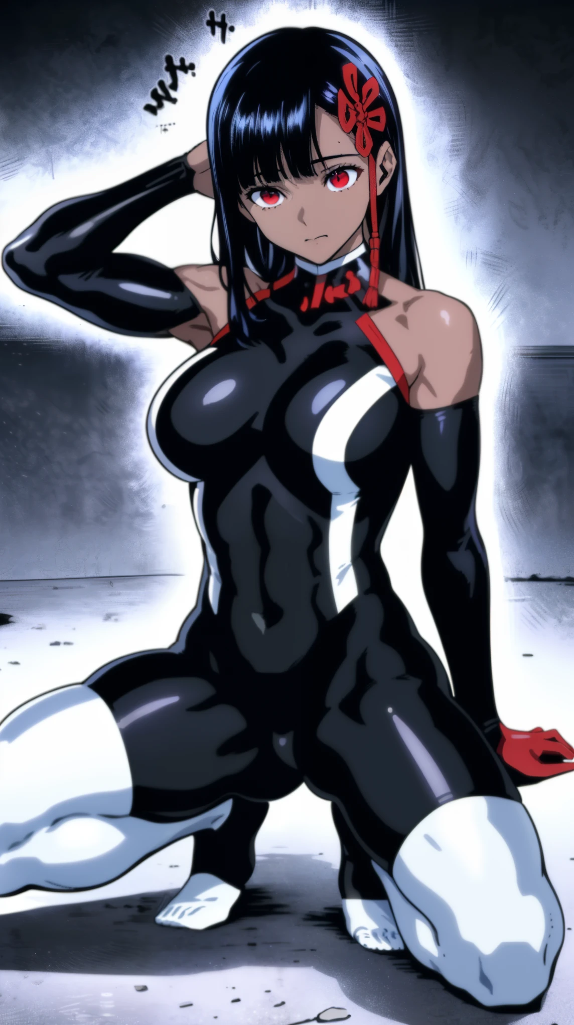 1 female, NSFW,(dark skin), Ren Yamashiro,(Demon City Spirit Soldier Slave), yamashiro768, clavicle, glowing red eyes,absurd, brainwashing,empty eyes, empty eyes, huge breasts,erasure of emotions, No expression,(black latex tight bodysuit),avert your eyes , 全身shape, ((squat,spread your legs, arm behind head)),(highest quality、4k、8k、High resolution、must have:1.2)、Super detailed、(reality、reality的なです、reality的な:1.37)、ticker、hyper hd、studio lighting、ultra definition paint、sharp focus、Physically based rendering、extreme details、Professional specifications、vibrancy and color、blurry、sports portrait、landscape、horror style、anime big breasts、SF、photograph、concept artist、five fingers, perfect body, {{{masterpiece}}}, {{{highest quality}}}, {{Super detailed}}, {shape}, {{very delicate and beautiful}},Improved cost performance、all roles、Canon 5D MK4でphotograph、photograph,