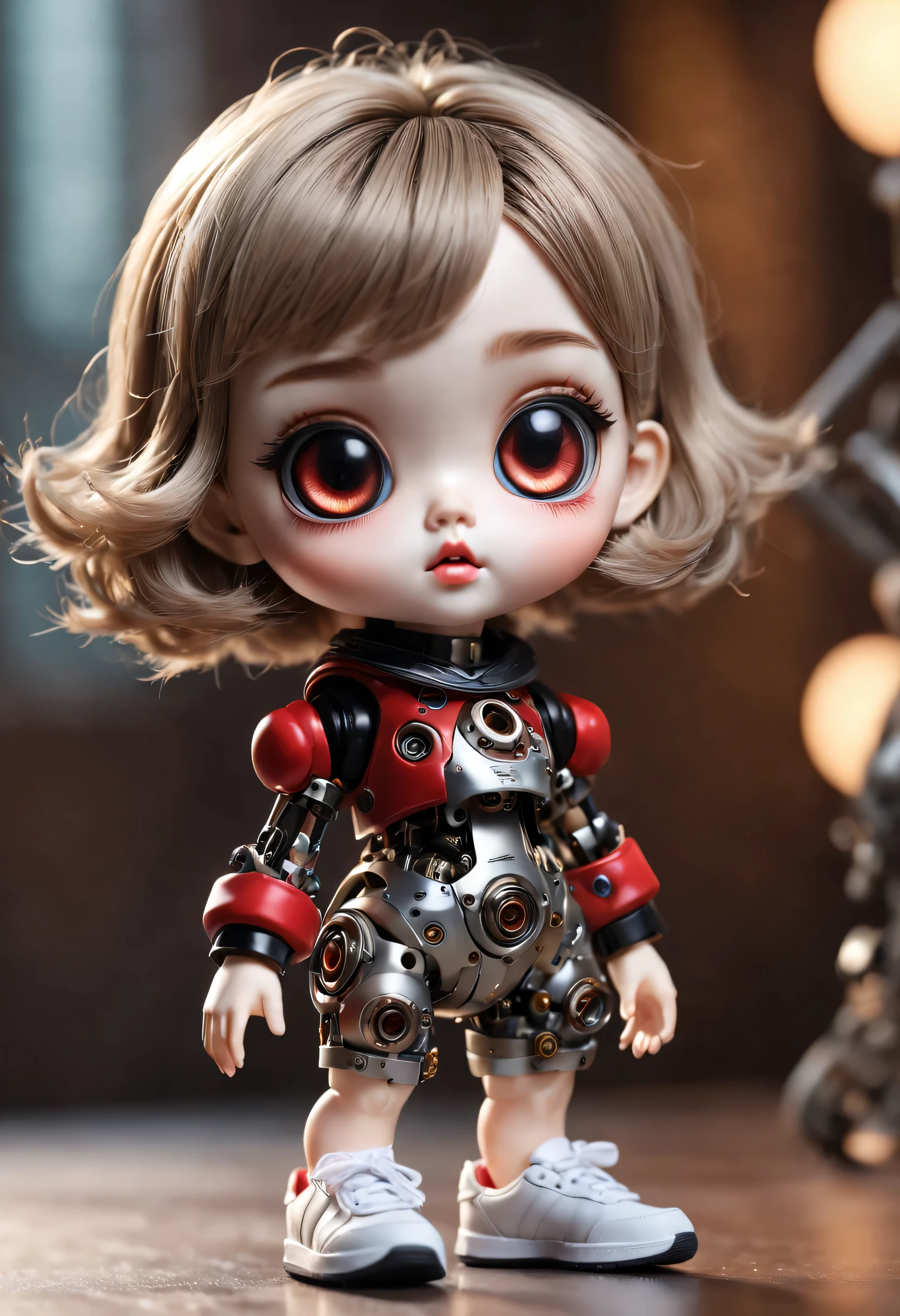 （best quality，4k，masterpiece：1.2），super detailed，lifelike：1.37，儿童书桌上的2个LovelyMechanical dolls，emotional communication，有趣的action，decoration，Possess human emotions and intelligence，Mechanical dolls，big eyes，dark eye makeup，mute，Lovely，Mechanical joint，short hair，whole body，action，posture，sports shoes，fashion clothing，Metal skin decoration，Clean，Warm，Warm，blurred background