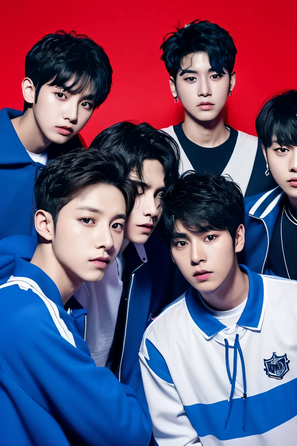 artificial group of boys in blue clothes posing for a photo, All from Group NCT, Generic k-pop Boy Band, high quality photo, wearing blue and white outfits, red lighting on their faces, intense gaze, Bad appearance, portrait photo close-up, high-quality photo, BTS, kpop idol portrait, high-quality image, k-pop