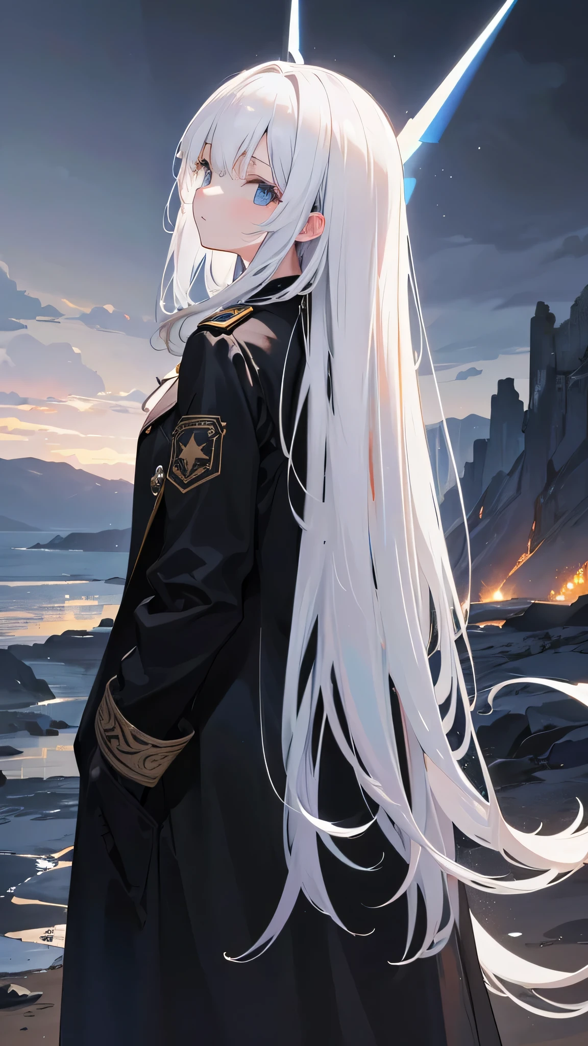 masterpiece, best quality, Detailed, high resolution, Super clear texture, dark sky, wasteland, One with gray hair, empty background, long range wide angle, natural shadow, hands in pockets, Technical black trench coat, Embroidered star pattern on back, Turn your back to the character,looking at the planet in the sky, movie lighting, Ray tracing, Japanese cartoons, gradient hair, medium length, divine light, from behind, high detail, high quality, high resolution.
This image portrays a masterpiece of artwork, meticulously crafted with the best quality and Detailed features. The high resolution and Super clear texture showcase every intricate detail