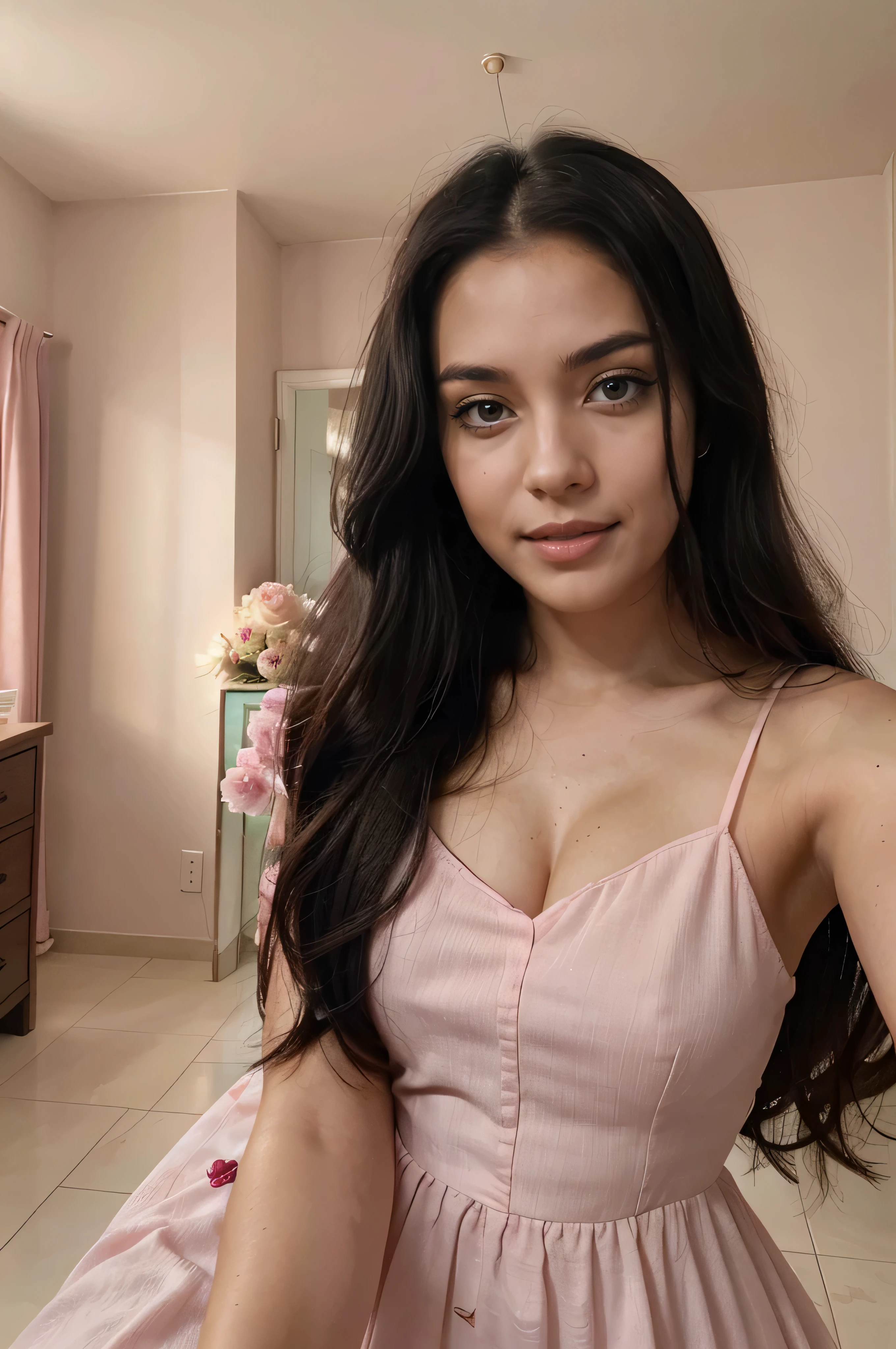 Age 22 girl, fair skin, black hair, black eyes, princess, thick rose lips, rose lips, lovely eyes, long hair, innocent face, perfect body shape, big and butt, happy face || wearing a pink long frock, || taking selfie in house, for verification, close up face, face selfie, looking at camera, close up
