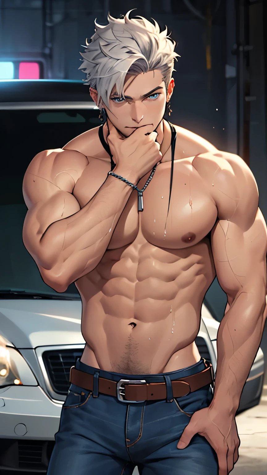 ((best quality)), ((Masterpiece)), (details), perfect face,high definition,Masterpiece,4k,details clearly,Handsome face,white skin,perfect body,male body,strong muscles,Abdomen muscles are wavy.,abdomen,blue eyes,white skin,The most handsome man in the world,handsome,,The coolest face,Male characters,challenge,Show off your body,Strong breasts,beautiful eyes,Look clearly.,sexy male underwear,strong legs,wet body,Show off your arm muscles,Show off your muscles,black jeans,luxury car,sport car,Coolest car,curly hair,pose on car,luxury,perfect hands,perfect eyes,in the garage,V shape,inside,studio light,black car,car lights,perfect male face,pose like champion,shatter jeans,eyes,close up,hotest pose,holding a wrench,full HD,cinematic,(Unbutton jeans),see panties,(shirtless),luxury belt,smart ,black briefs,silver chain,showing chest,male Ears piercing,Look straight,Show your shoulders,close up body,gym pose,rich man,perfect eyes,blue eyes