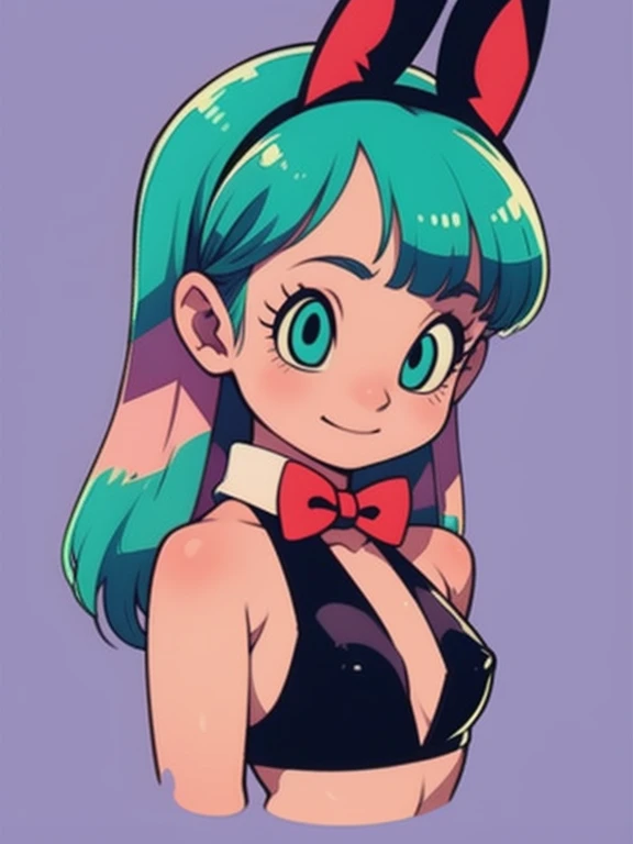 ((sticker-style illustration for print with 1girl, minimalism, Bulma from dragon ball)), simple background, clean:0.9, lineart, vector, Smile, happy, colors should be vibrant and vivid, with a harmonious color palette. UPPER BODY, fashion cloths, pink, playboy bunny, black leotard, strapless leotard, cleavage, bare shoulders, purple pantyhose, red bowtie, wrist cuffs, rabbit ears, rabbit tail,